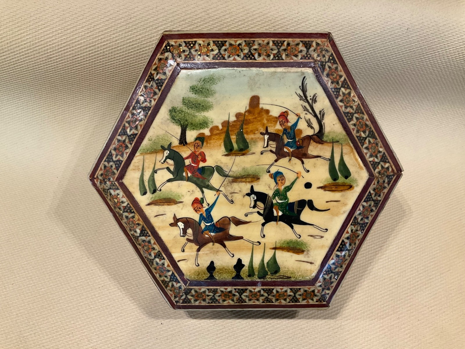 Vintage Persian Khatam Kari Marquetry Trinket Box Hand Painted Polo Scene Inlay