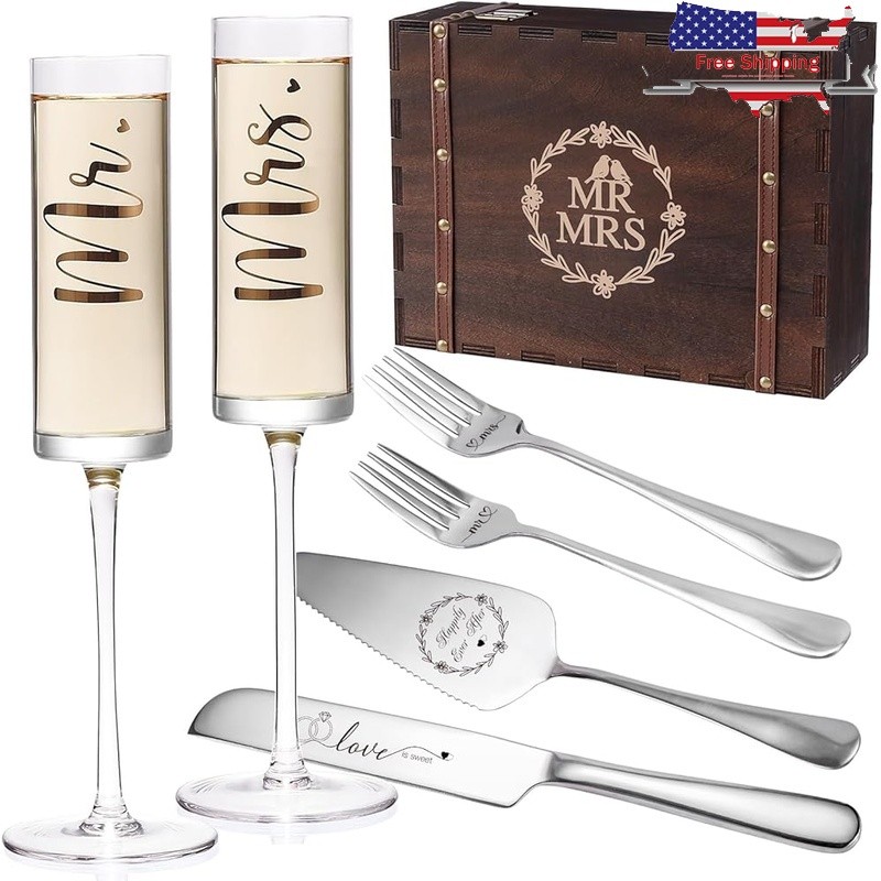 Mr Mrs Champagne Flutes Gift Set Crystal Glasses Cake Knife Keepsake Box New