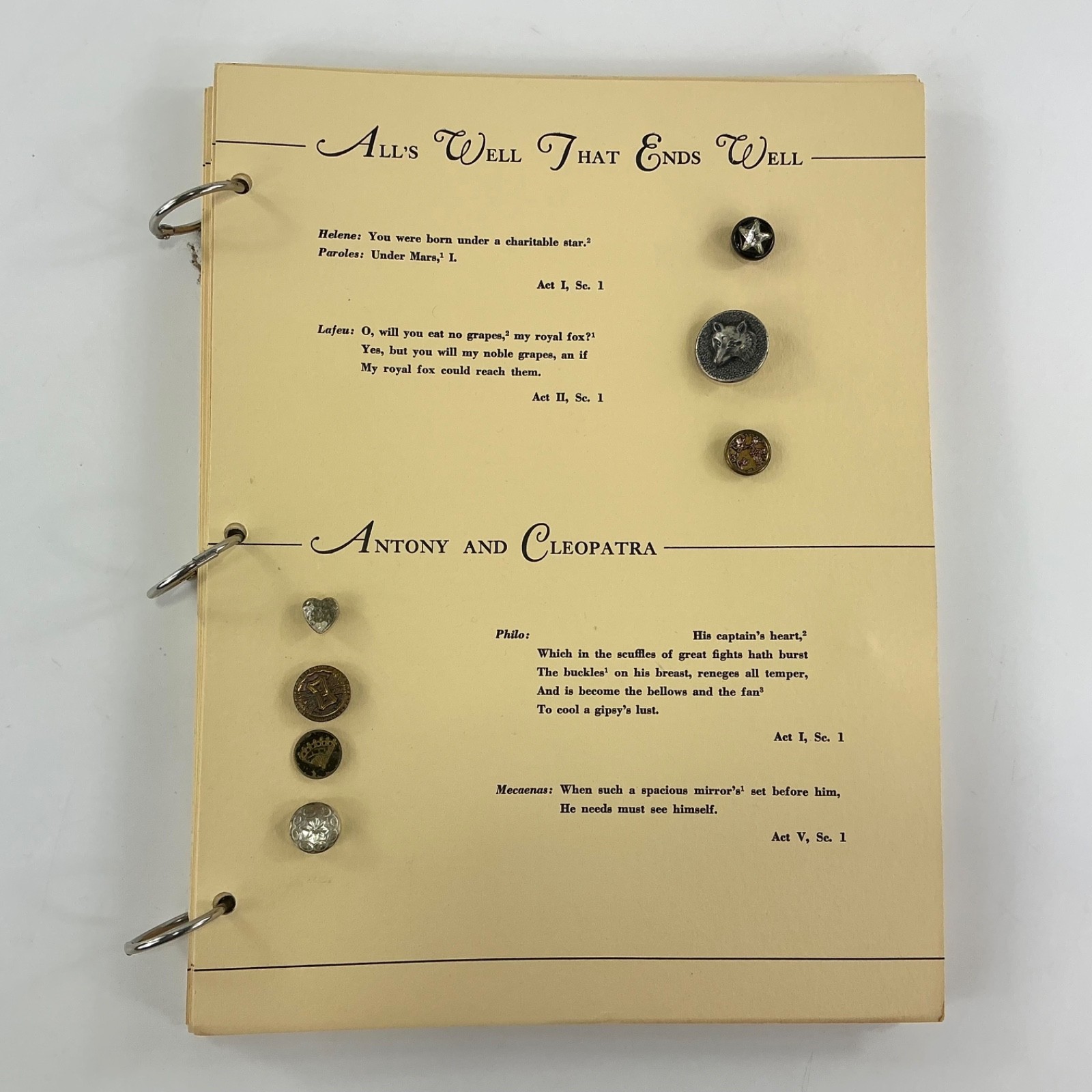 9 Vintage Collectible Sewing Buttons on Board Various Shapes Shakespeare Themed