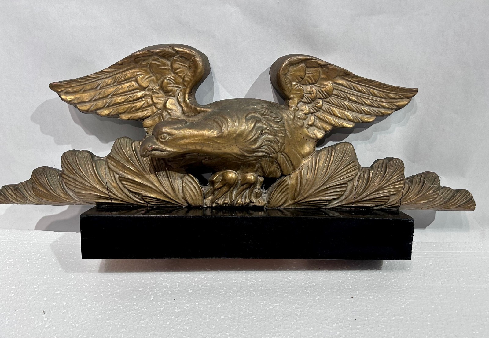 Vintage Gold Toned Americana Carved Wooden Federal Style Eagle mounted on a base