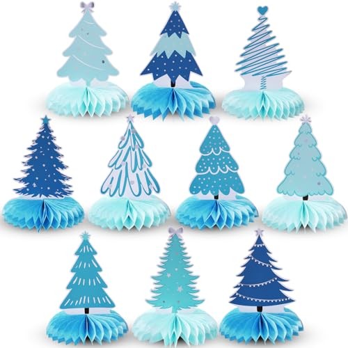  10 Pcs Winter Honeycomb Centerpieces 3D White Wonderland Blue Christmas Tree