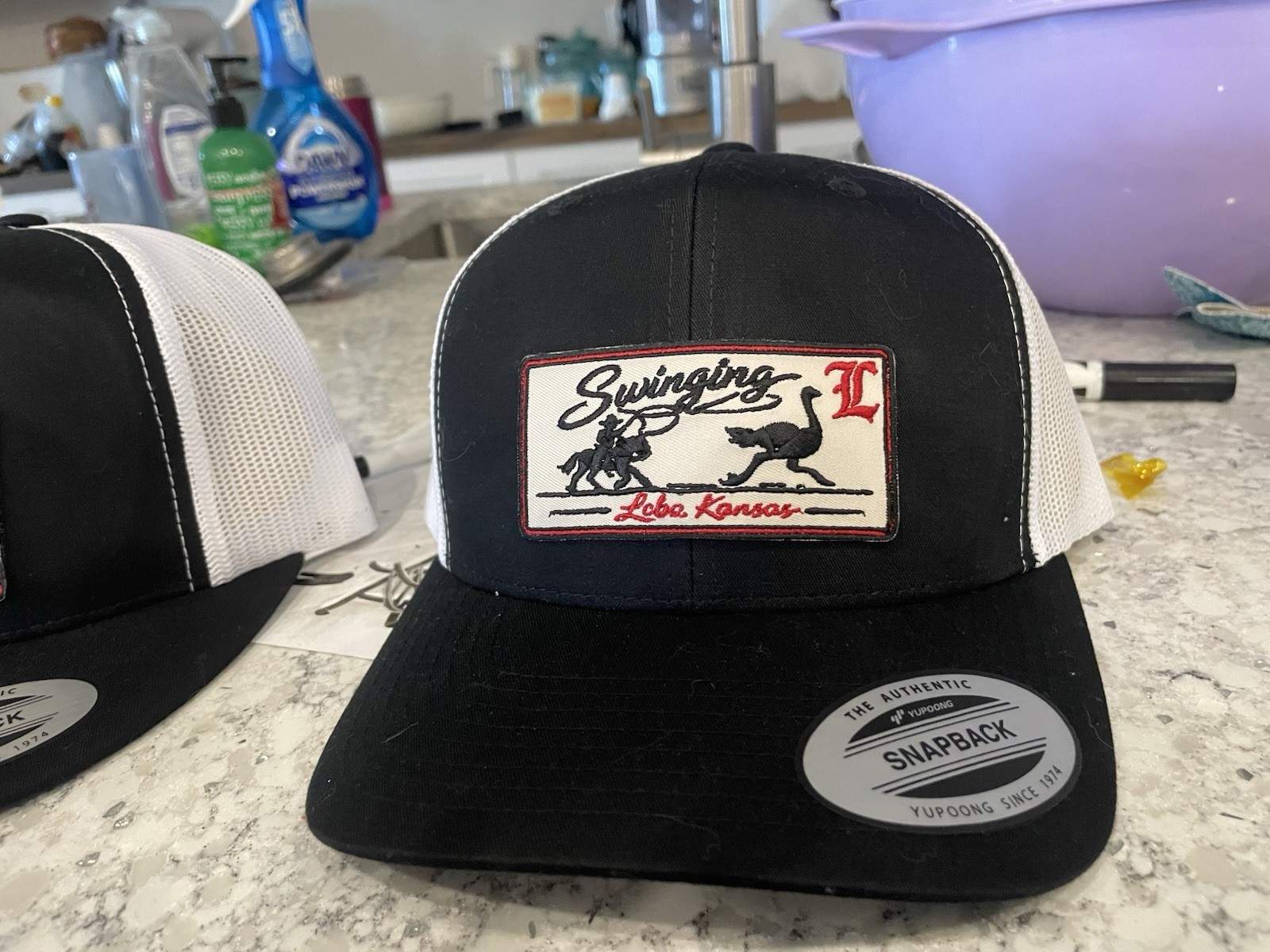 Ranch hat, trucker hat, snap back, ostrich patch hat with cowboy