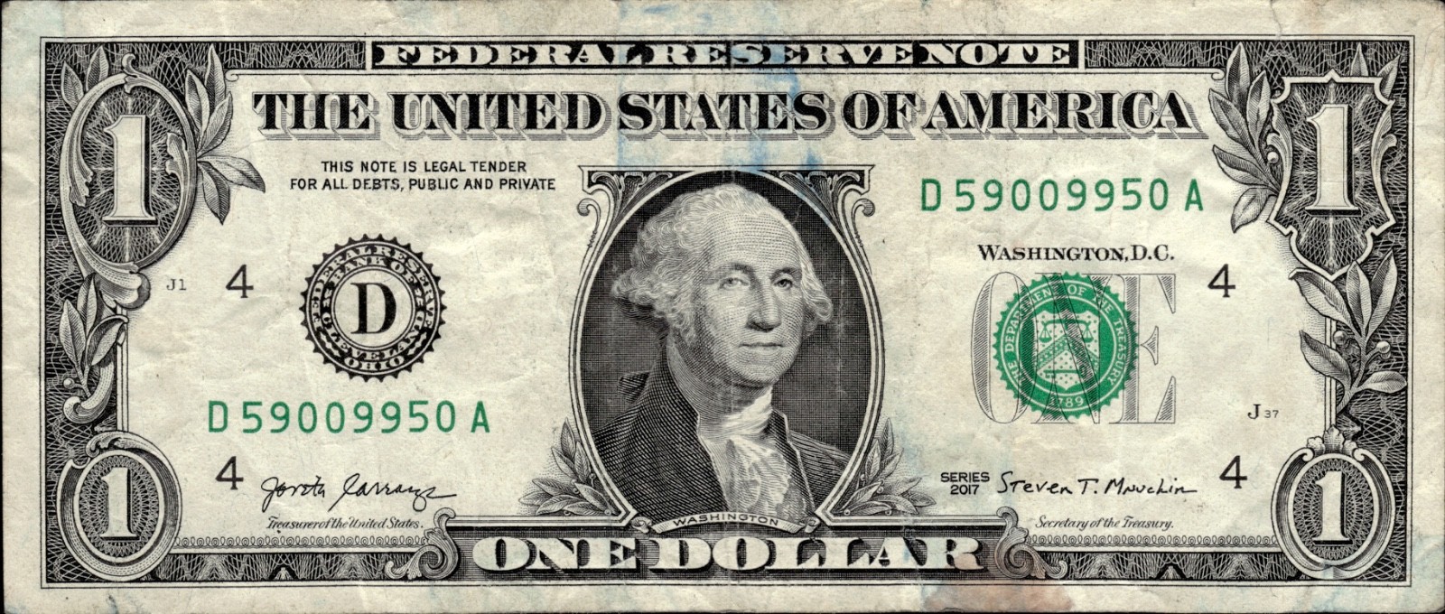 2017 $1 Trinary Fancy Serial # D59009950A Triple 0s Triple 9s Pair 5s - Rare!