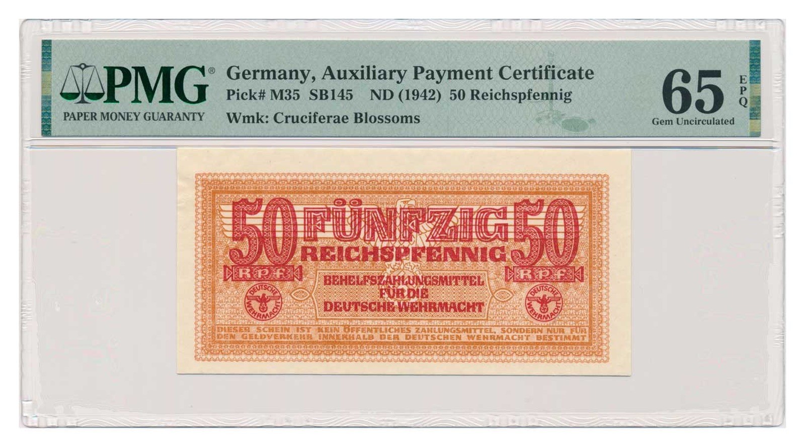GERMANY banknote 50 Reichspfennig 1942 PMG MS 65 EPQ Gem Uncirculated