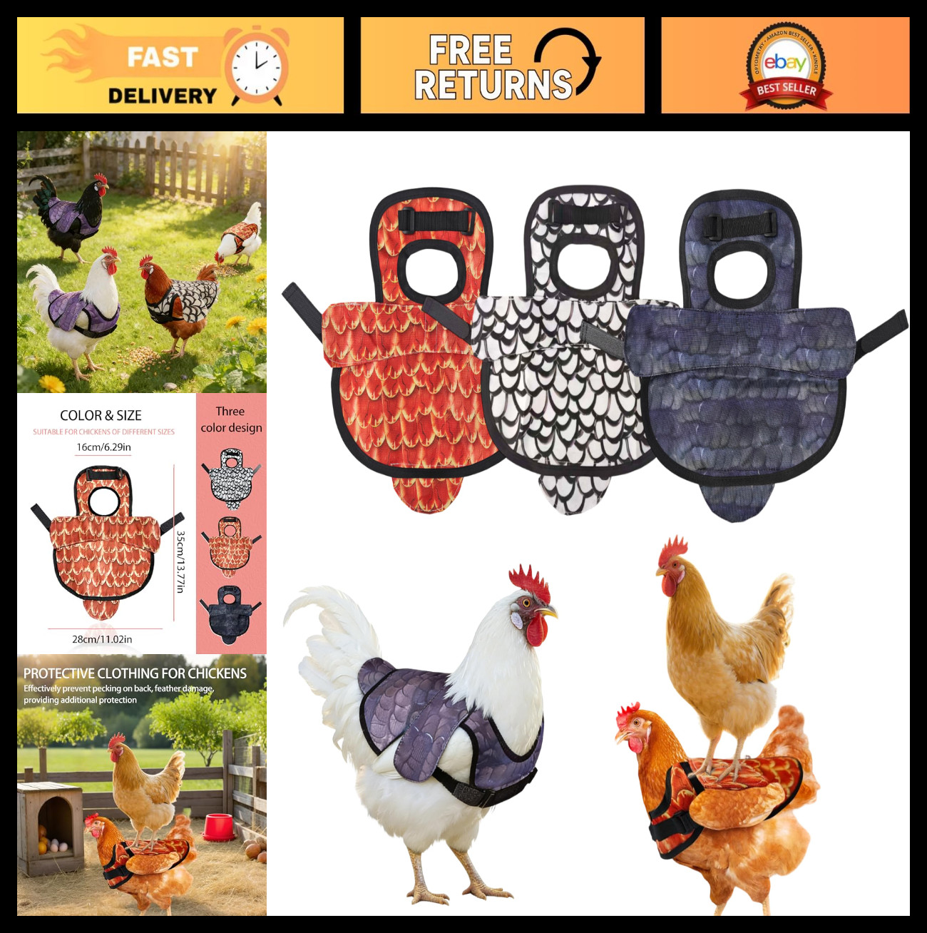 3 Pack Chicken Saddles for Hens - Adjustable Apron Back Protector, Reusable Hen