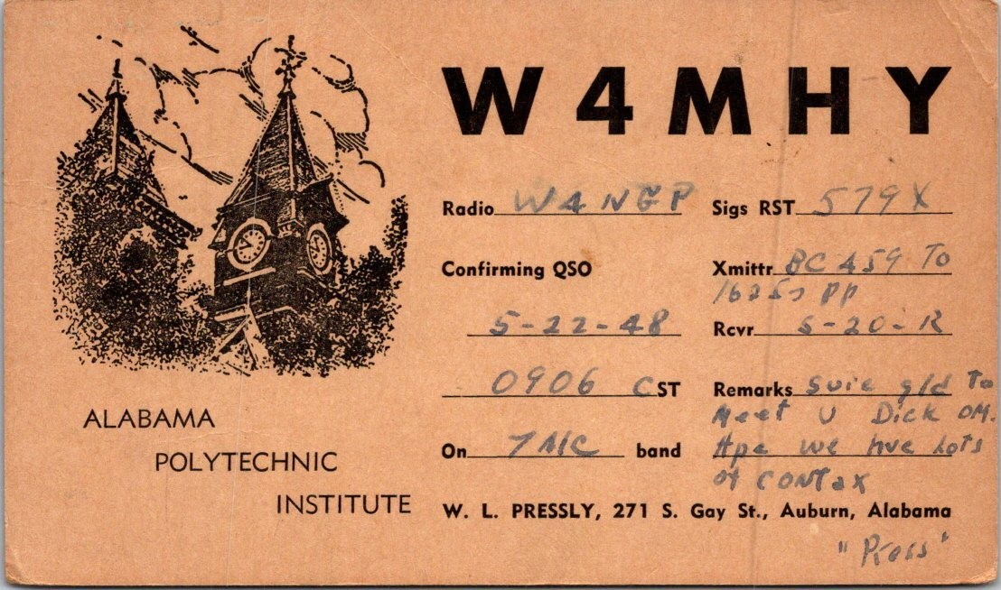 HAM RADIO QSL CARDS STAMPED W4MHY AUBURN ALABAMA 1948 ALABAMA POLYTECHNIC INSTIT