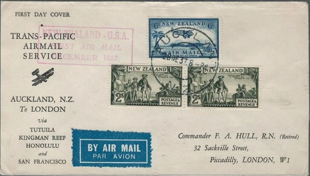 New Zealand Airmail Cover to England by Kingman Reef & Hawaii 1937 Pan Am Survey