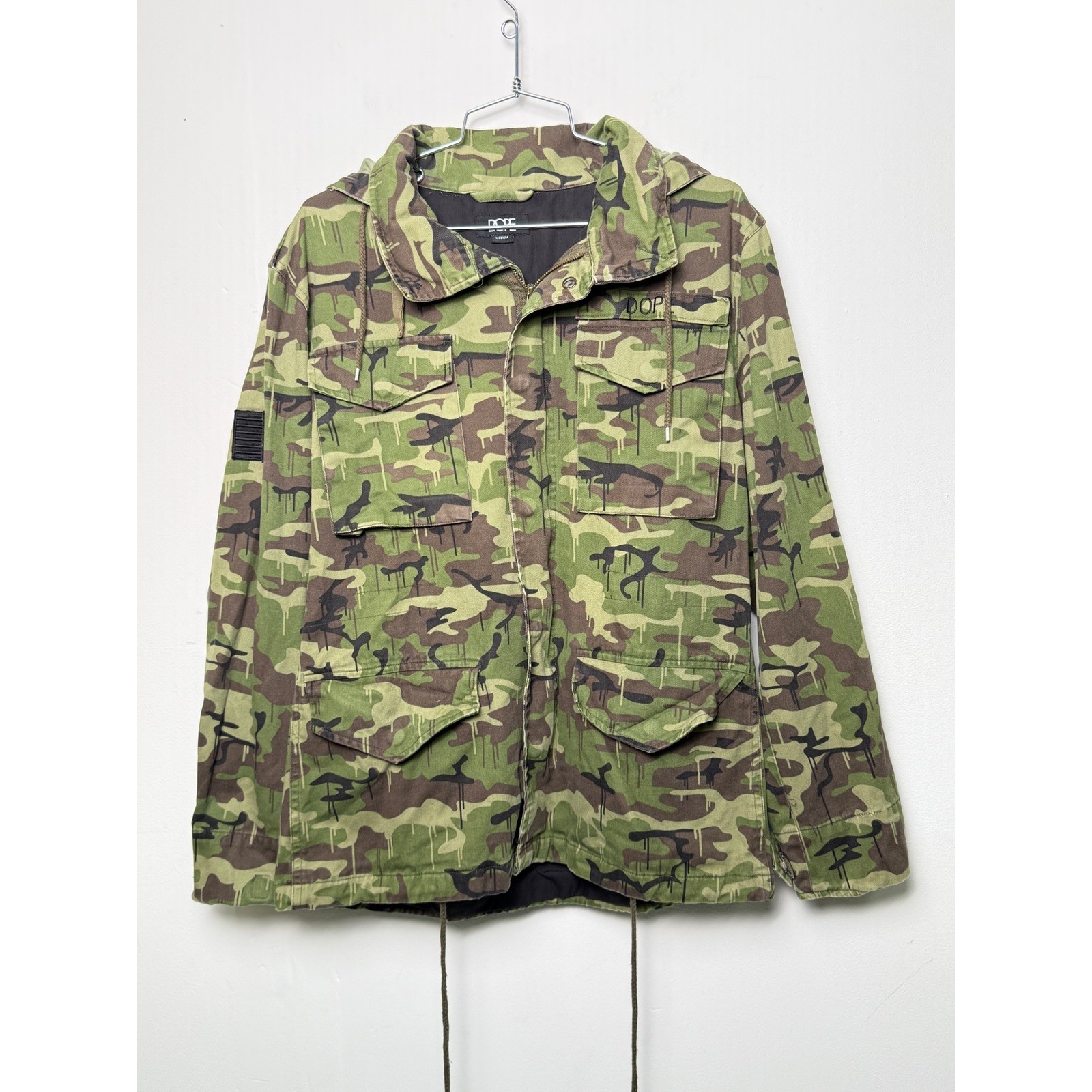 DOPE Mens Camouflage Drip Military Field Jacket Medium Hooded Army Green Camo