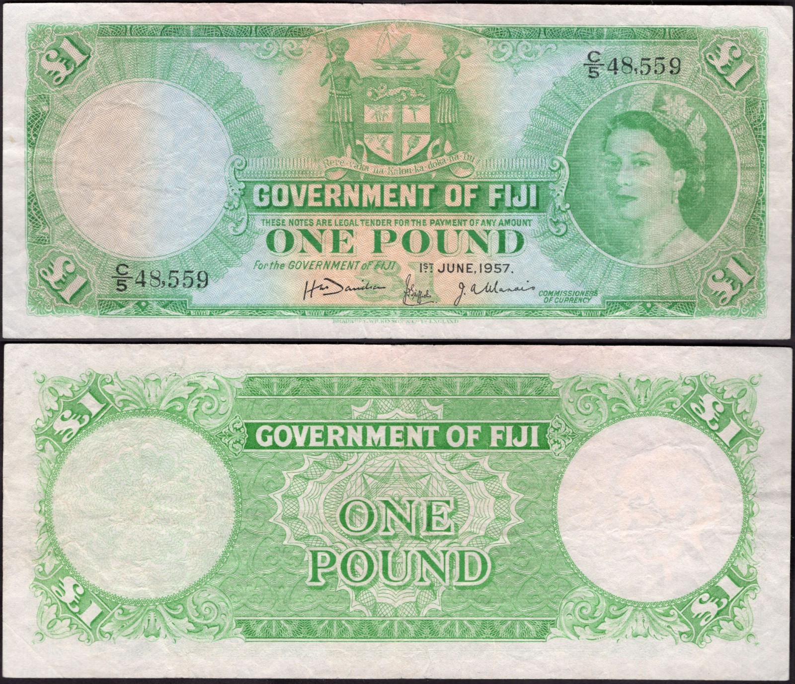 Fiji. One Pound 1-6-1957 (WPM 53b) C/5 48,559 Fine.