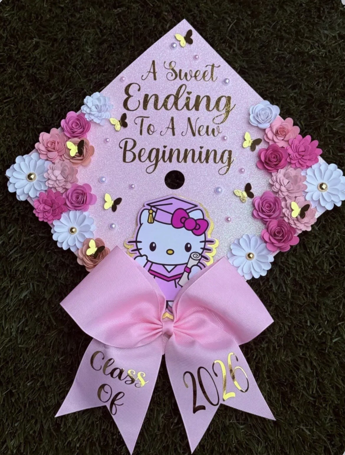Sanrio Handmade Graduation Cap with Hello Kitty and Floral Designs
