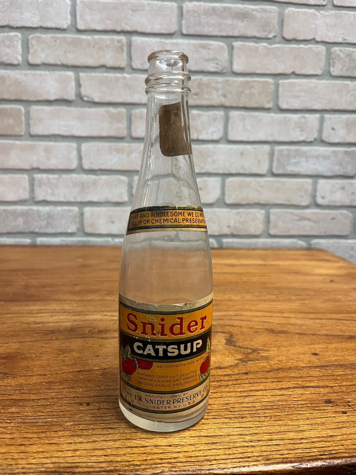 Vintage 1940s Snider Catsup Glass Bottle w/ Full Labels Advertising Kitchen Deco