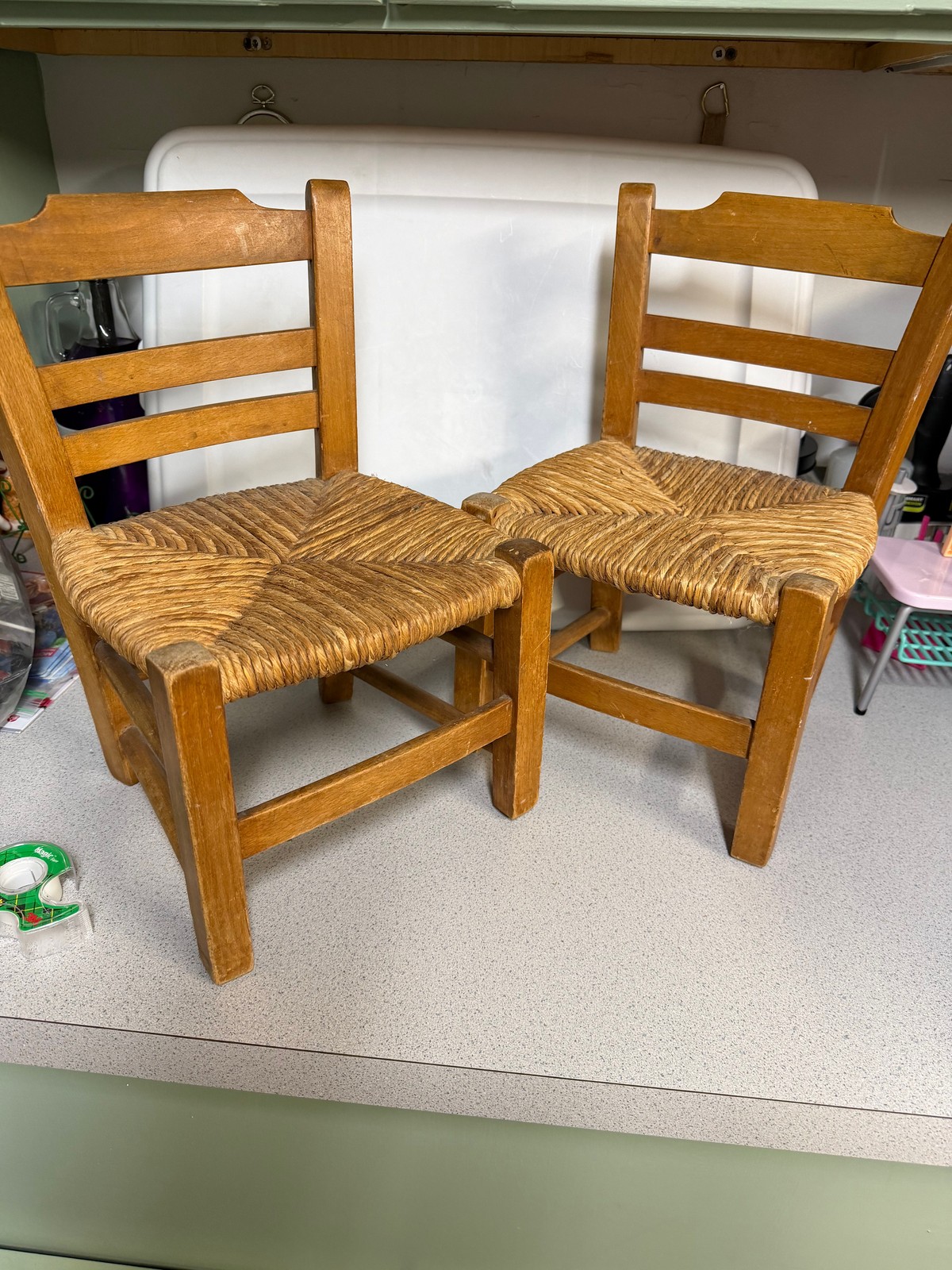 Vintage Miniature Doll Chairs Set of 2 Wood Woven Rush Seat Farmhouse Deco