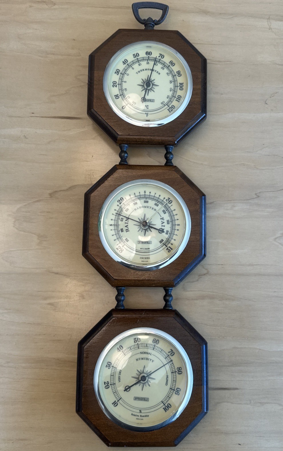 Vintage Springfield Weather Station Barometer Thermometer Hygrometer Wood USA