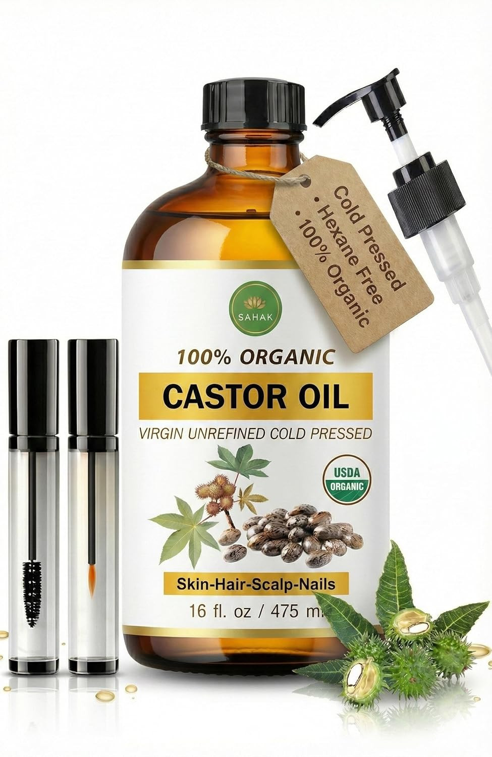 Extra Virgin USDA 100% Organic Castor Oil for Hair, Brows, Lashes & Skin – Cold-