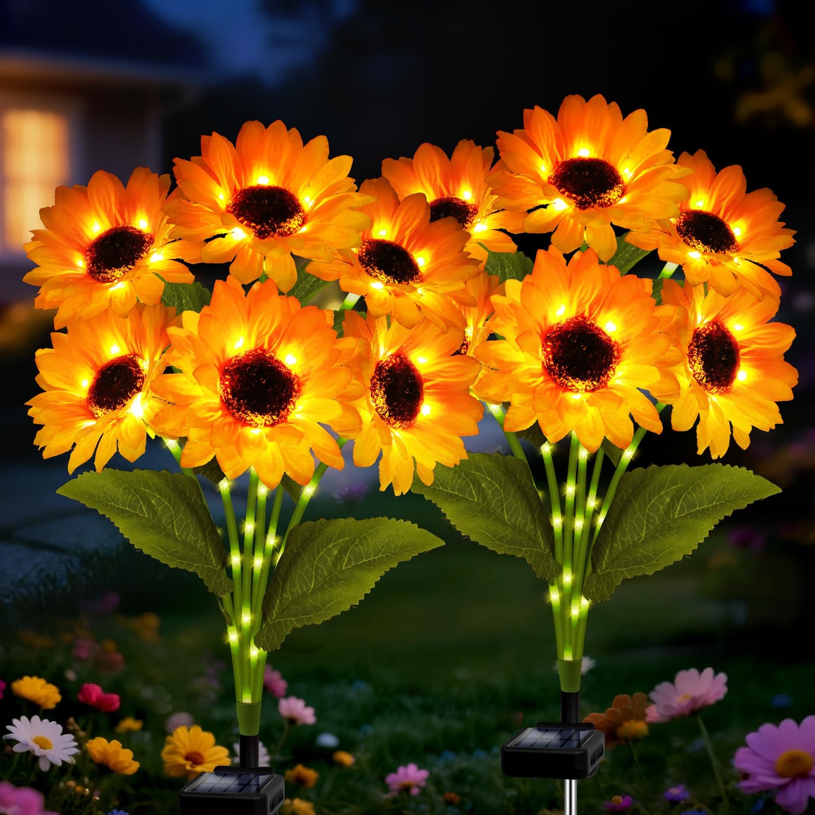 Solar Sunflower Lights 2 Pack with 12 Outdoor Decorative Lights, Gift for Mom...