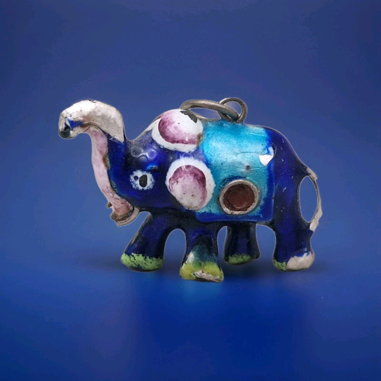 Vintage Silver Painted Enamel Indian Elephant Pendant