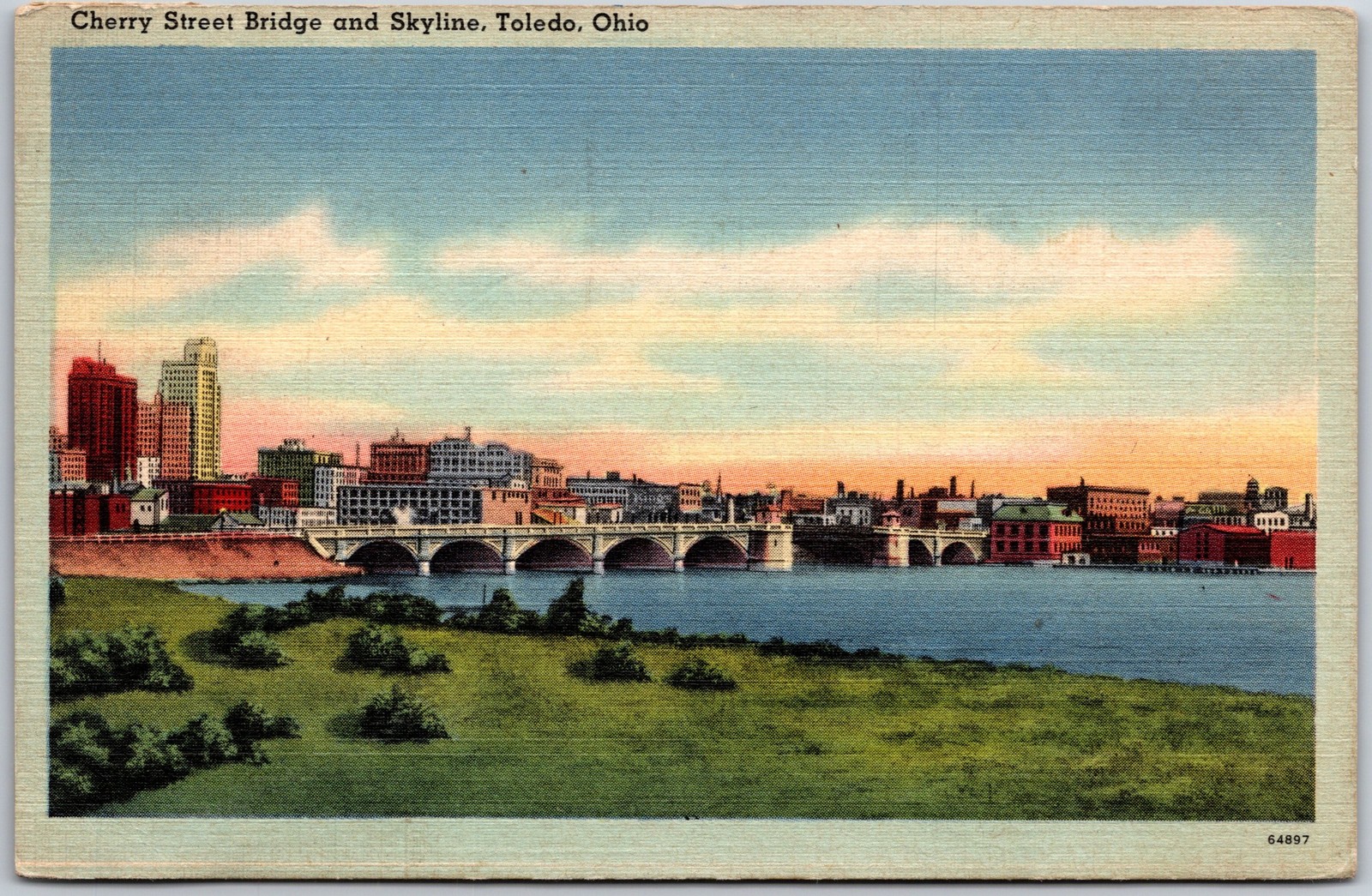 Toledo Ohio OH, 1945 Cherry Street Bridge and Skyline River, Sunset, Postcard