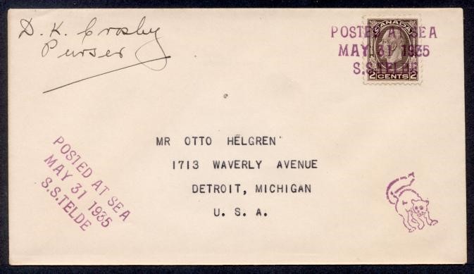 CANADA 1935 S.S. TELDE 2c MEDALLION TO USA