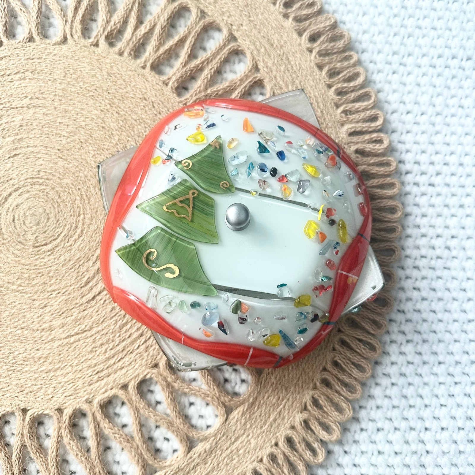 Fused Art Glass Square Inverted Curved Dish Trinket Bowl Lid Christmas Tree Box