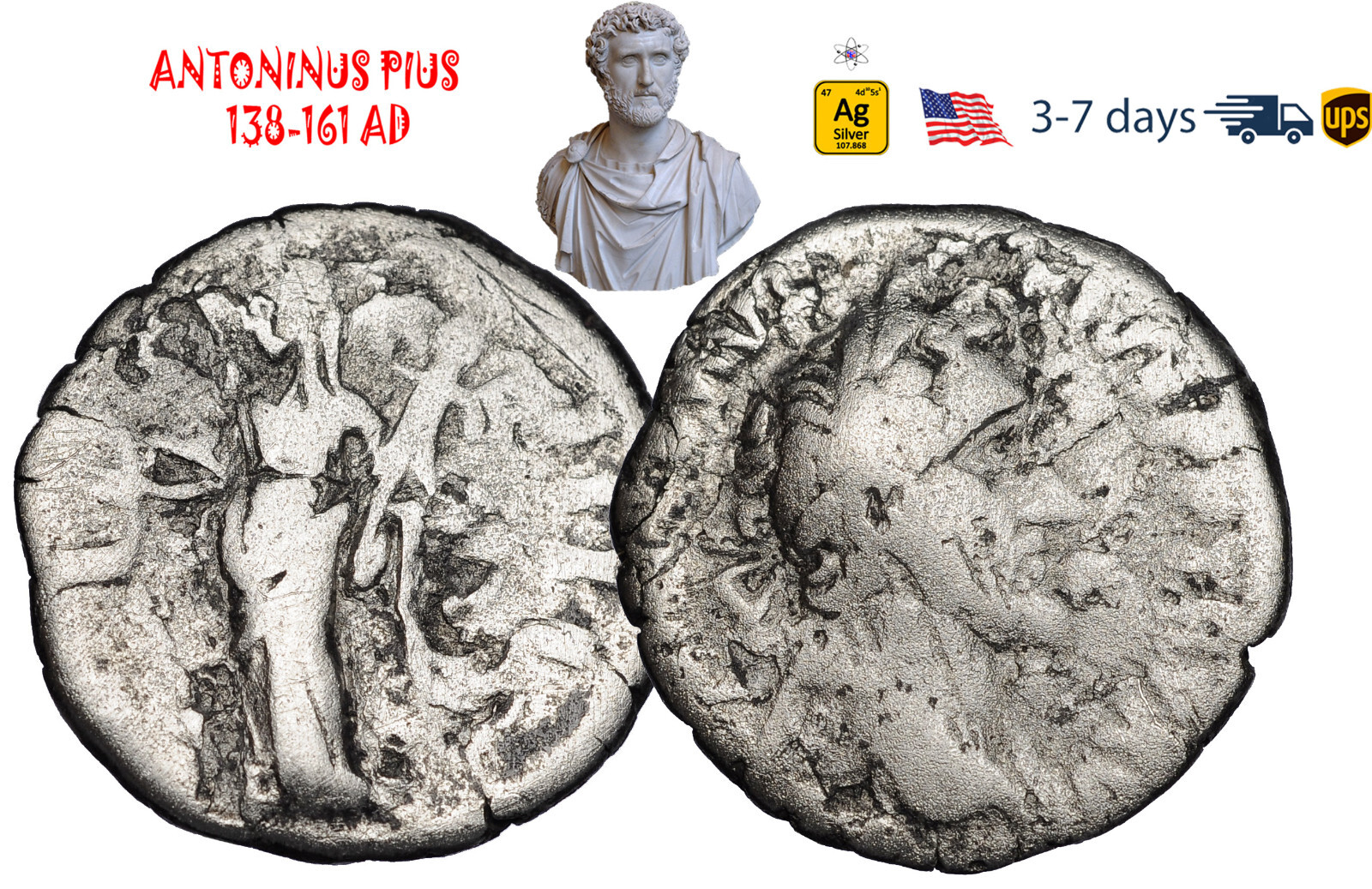 Ancient Roman Empire Coin Silver Denarius ANTONINUS PIUS 138-161 AD #33231