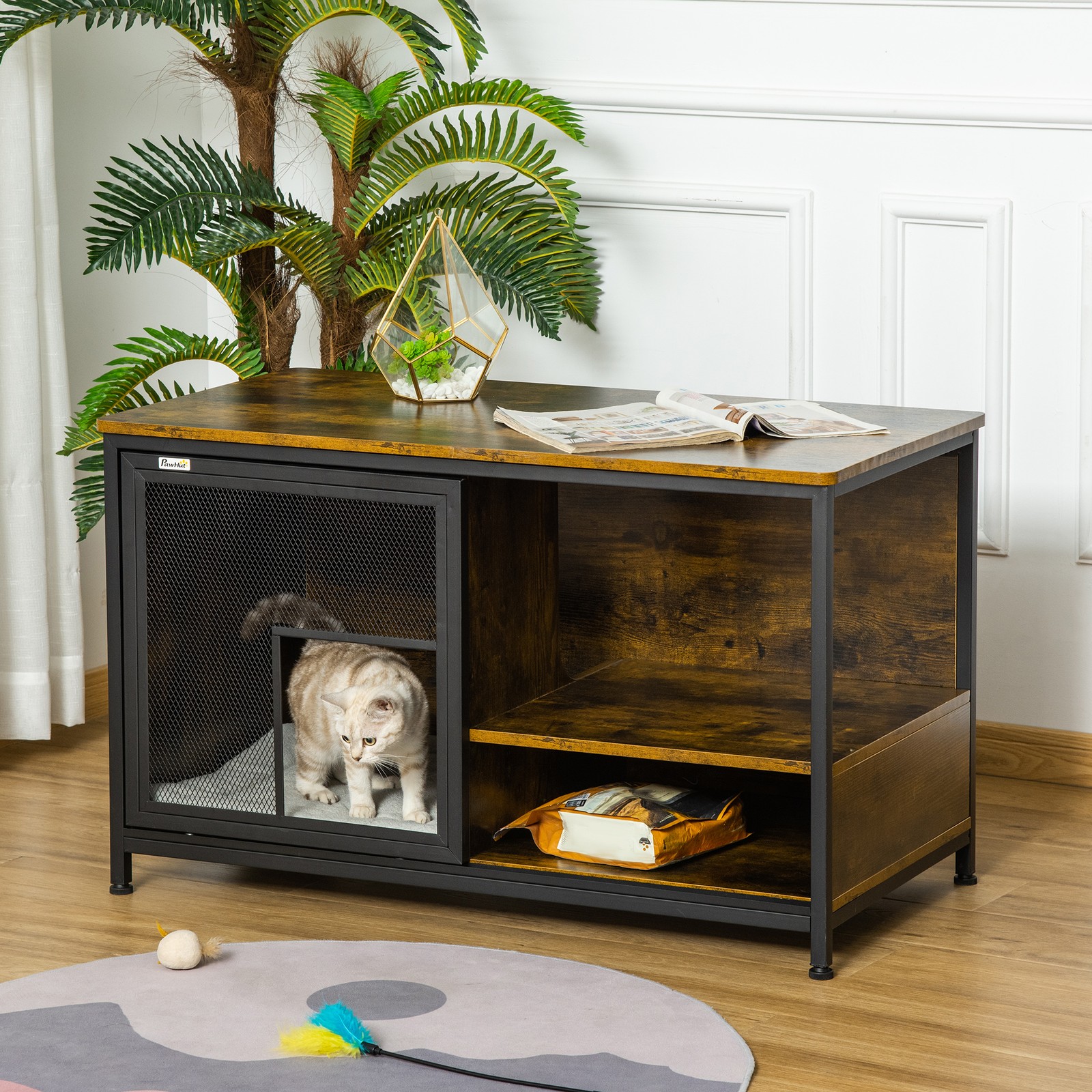 End Table Kennel Elevated Wooden Cat House & Bed with Removable Cushion Brown