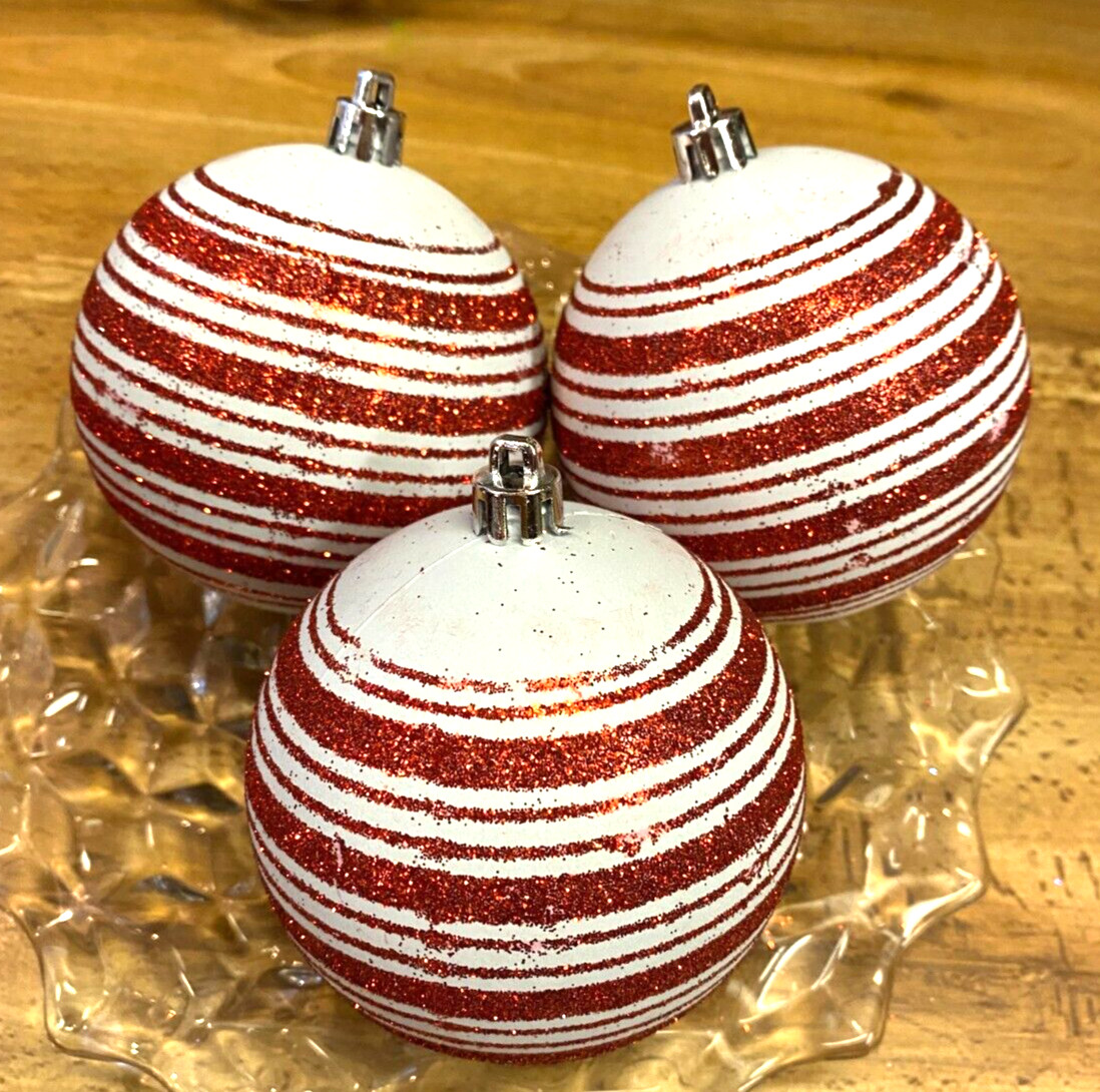 3 White & Red Glitter Striped Shatterproof Christmas Ornaments 3"