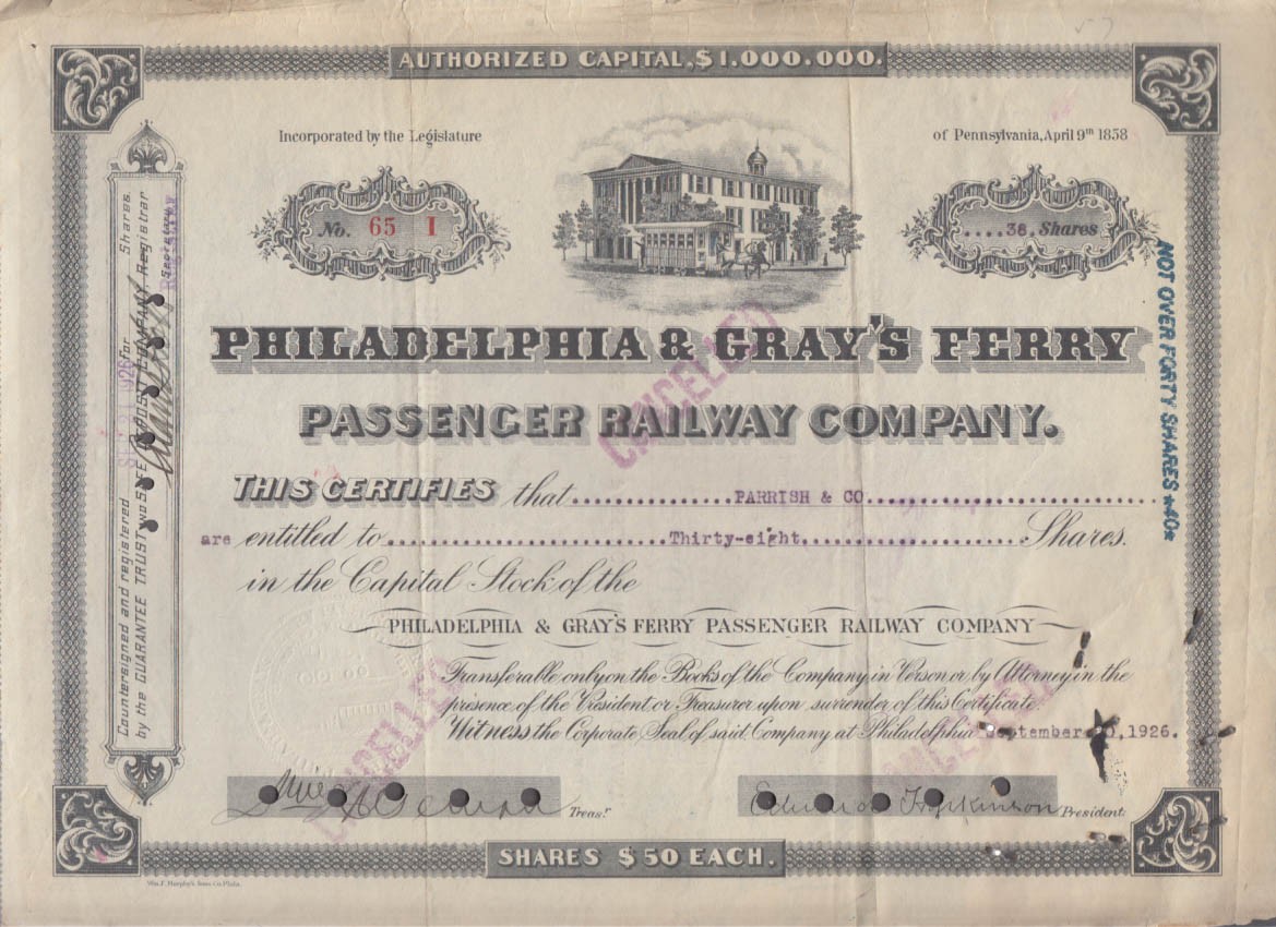Philadelphia & Gray's Ferry Passenger Railway 38-share stock certificate 1926