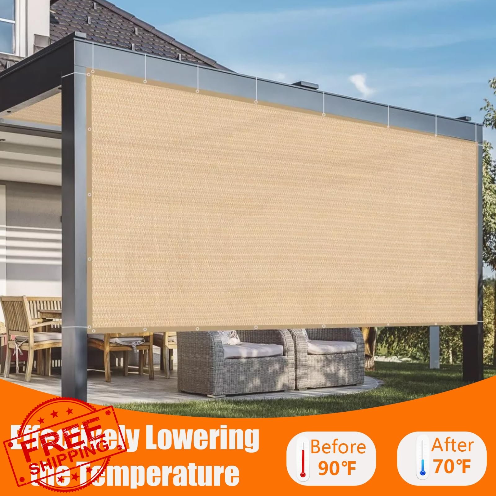 Beige 90% Sun Shade Cloth 12x24ft Outdoor Deck Patio Pergola Cover