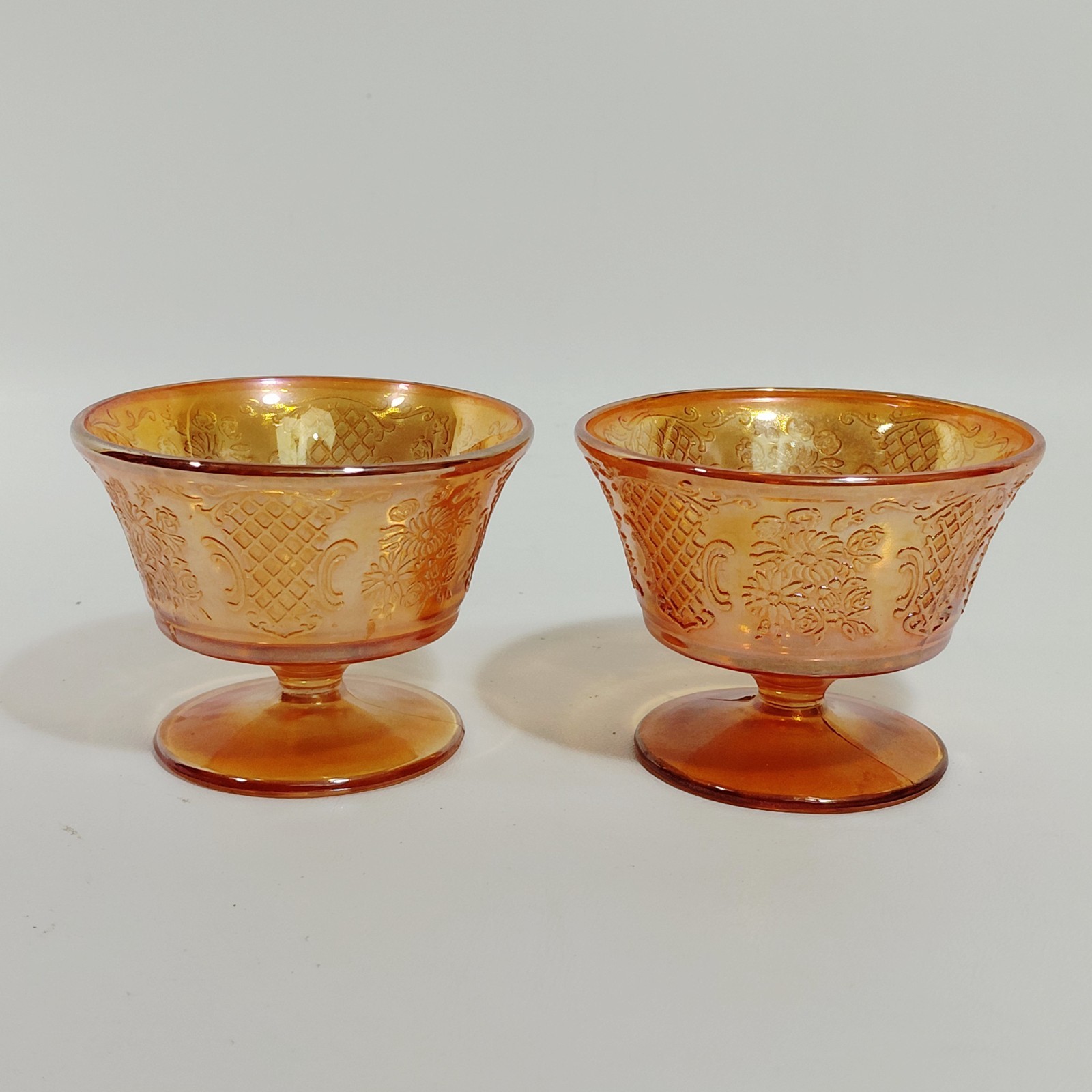 Federal Normandie Marigold Carnival Glass Bouquet & Lattice Sherbet Cup Set of 2