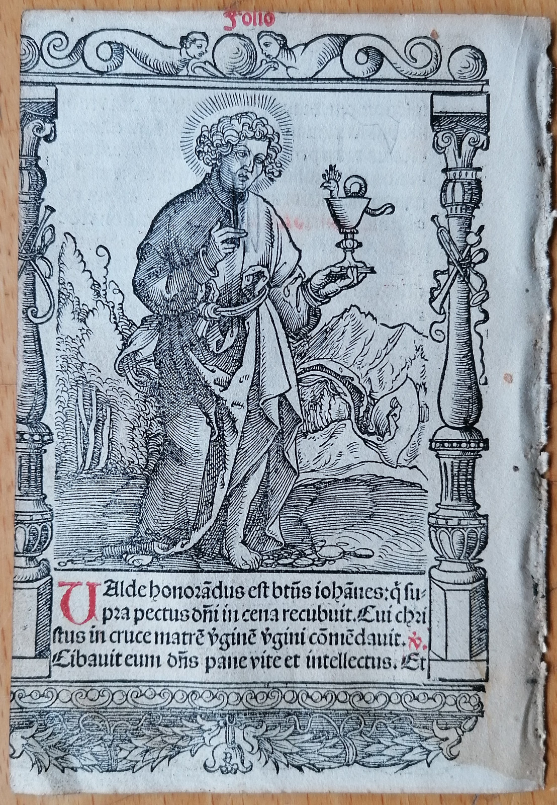 Saint John Original Large Woodcut Post Incunable Leaf Hortulus Animae- 1516