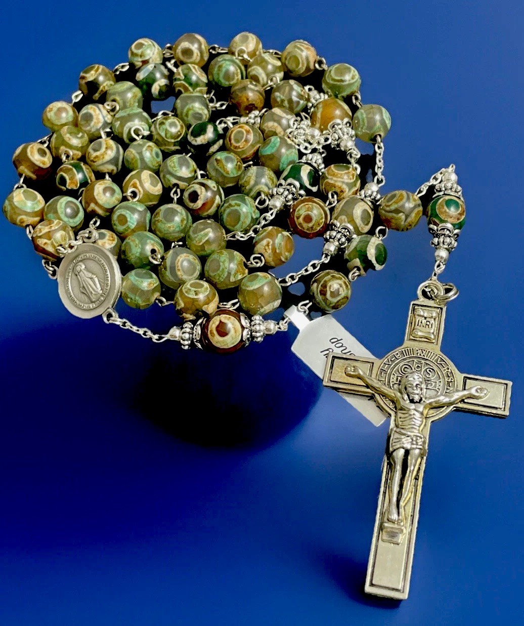 Semi Precious Green Tibetan Dzi 10mm Stone Rosary St Benedict 3” Crucifix w/ Tag