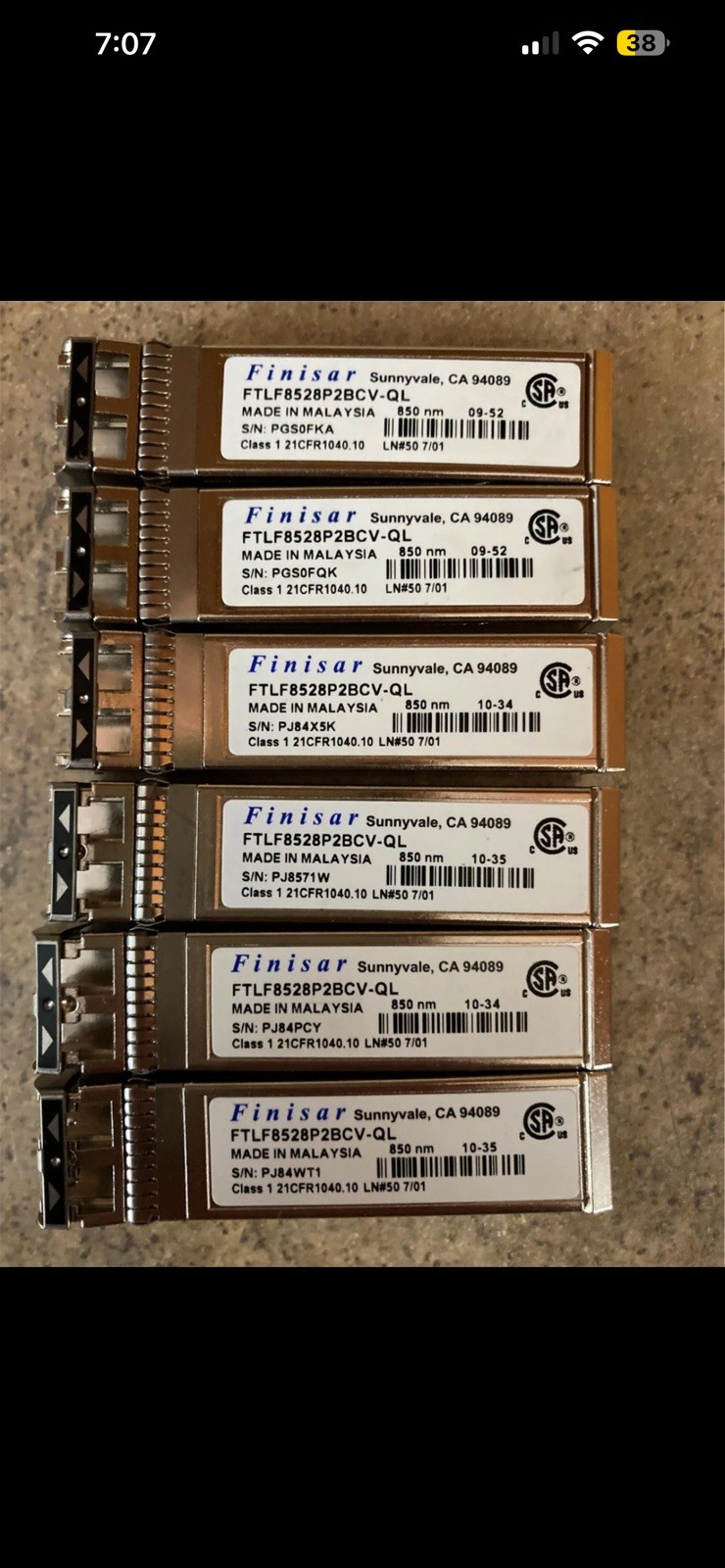 LOT OF 6 OPTICAL TRANSCEIVER 8GB FIBRE CHANNEL SFP+150M FTLF8528P2BCV-QL L3-2(3)
