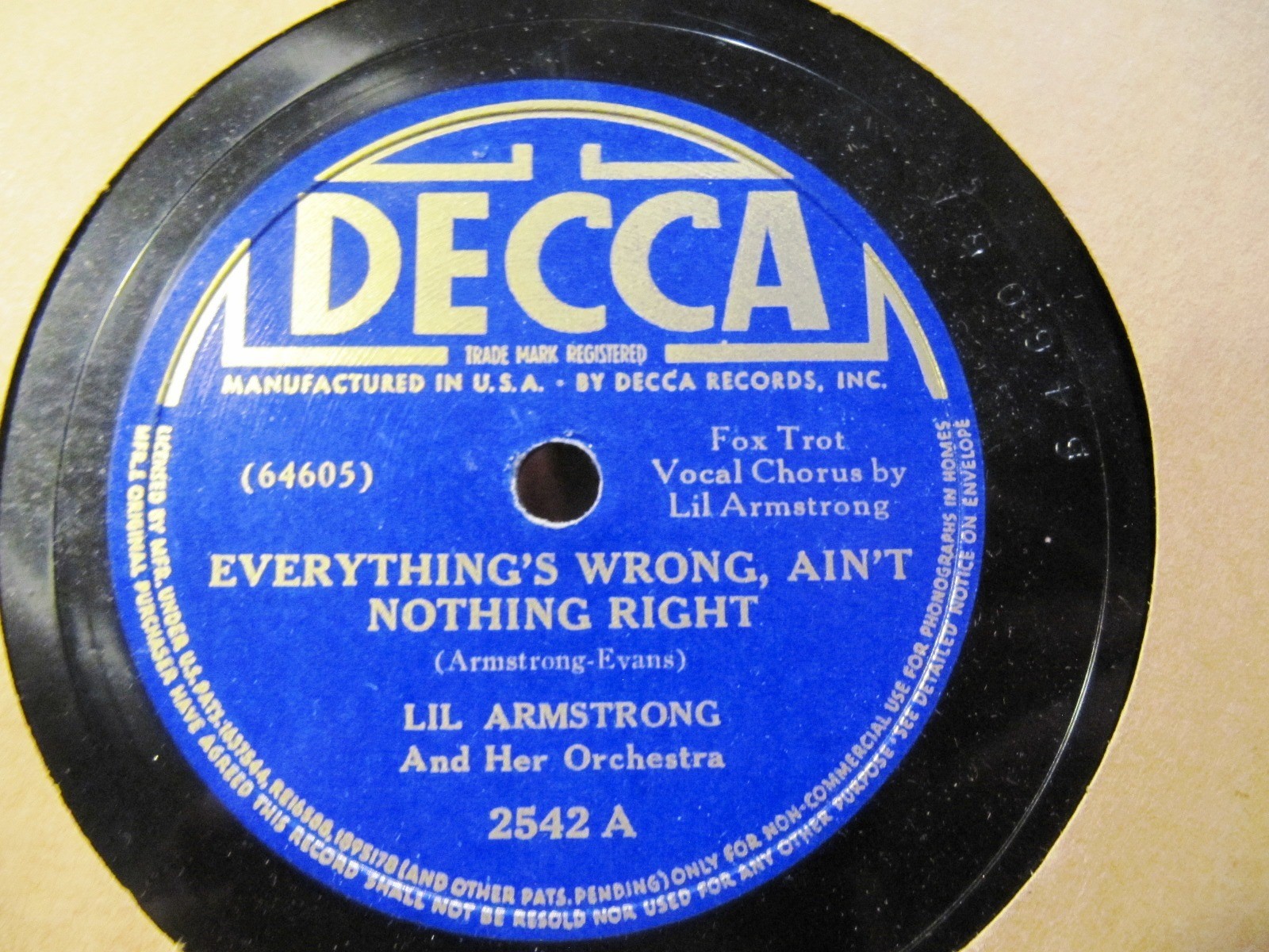 1937 LIL ARMSTRONG Orc Everything's Wrong Aint Nothing Richt/ Knock Knee'd DECCA