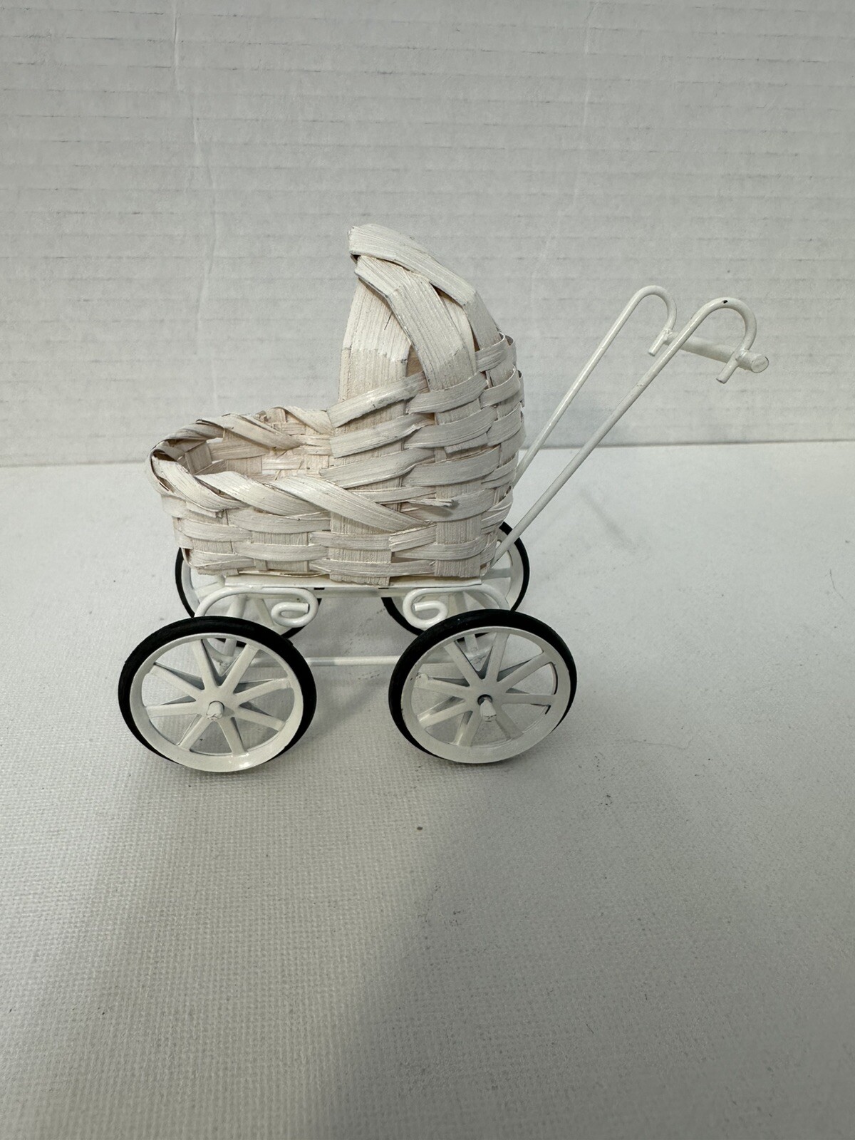 Vintage White Wicker Miniature Doll Stroller Metal Rattan Woven