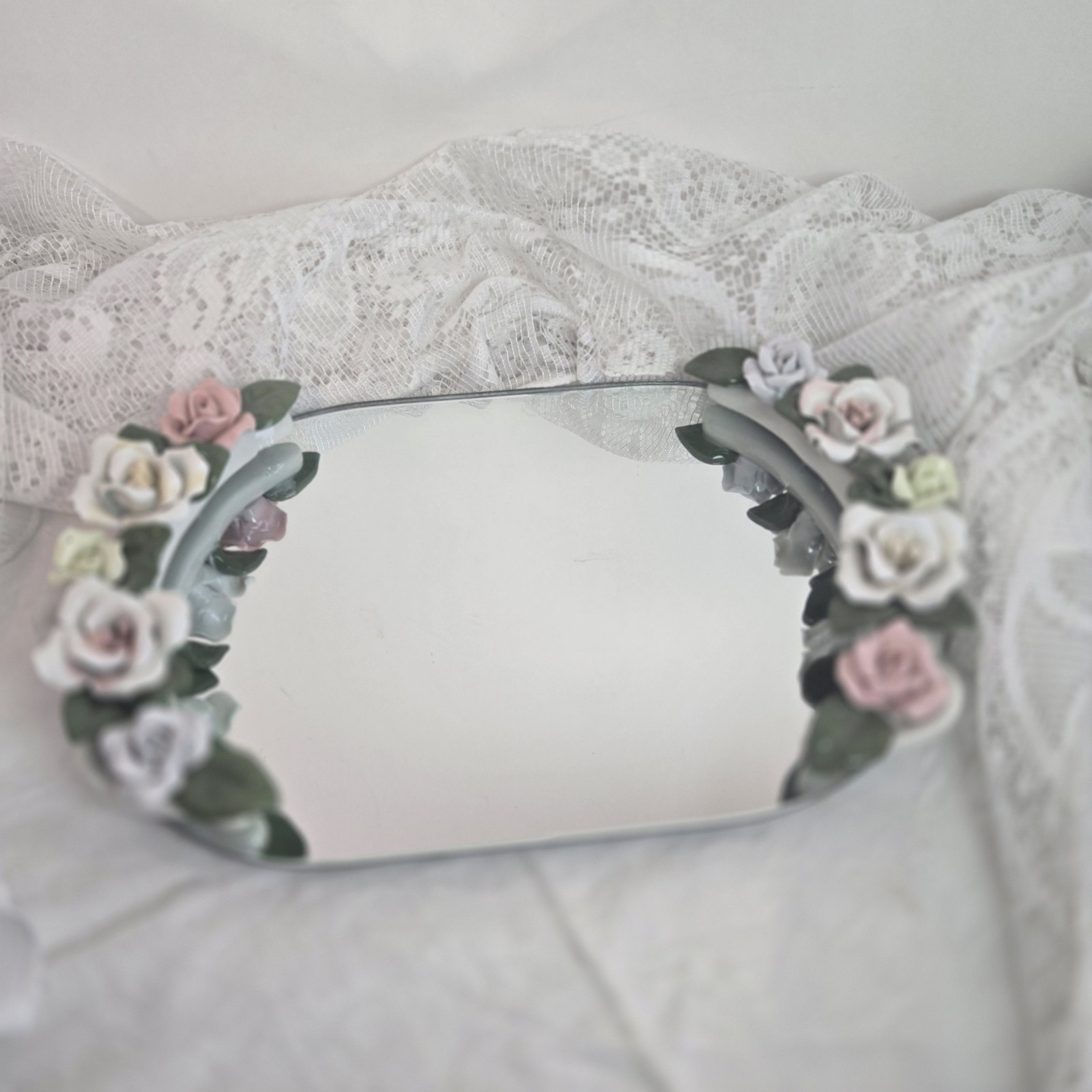 Capodimonte Style Mirrored Vanity Tray with Pink Ceramic Roses