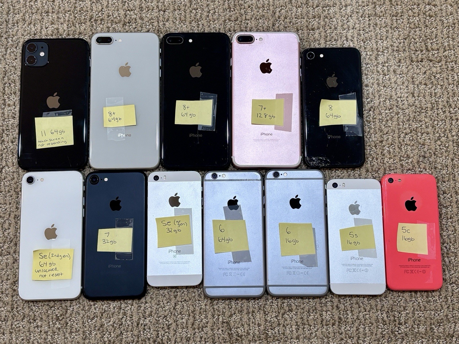 12 Apple iPhones, Mixed Lot- 11, 8+, 8, 7+, 7, SE, 6, 5s, 5c etc UNLOCKED