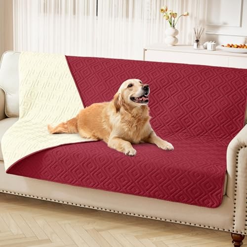 Waterproof Dog Blanket, Soft Dog Bed Cover Pet 52x82 Inch Wine Red+beige