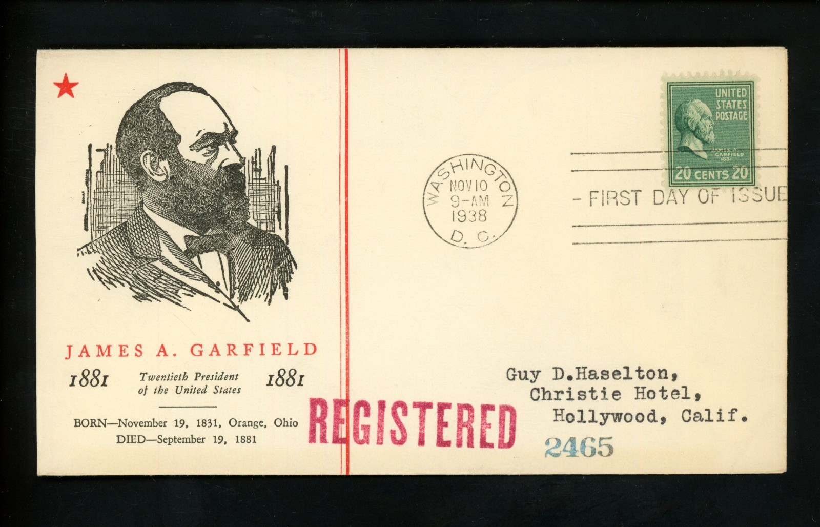 US FDC #825 Linprint M-2 1938 Washington DC 20 Cents James Garfield Prexy Prexie