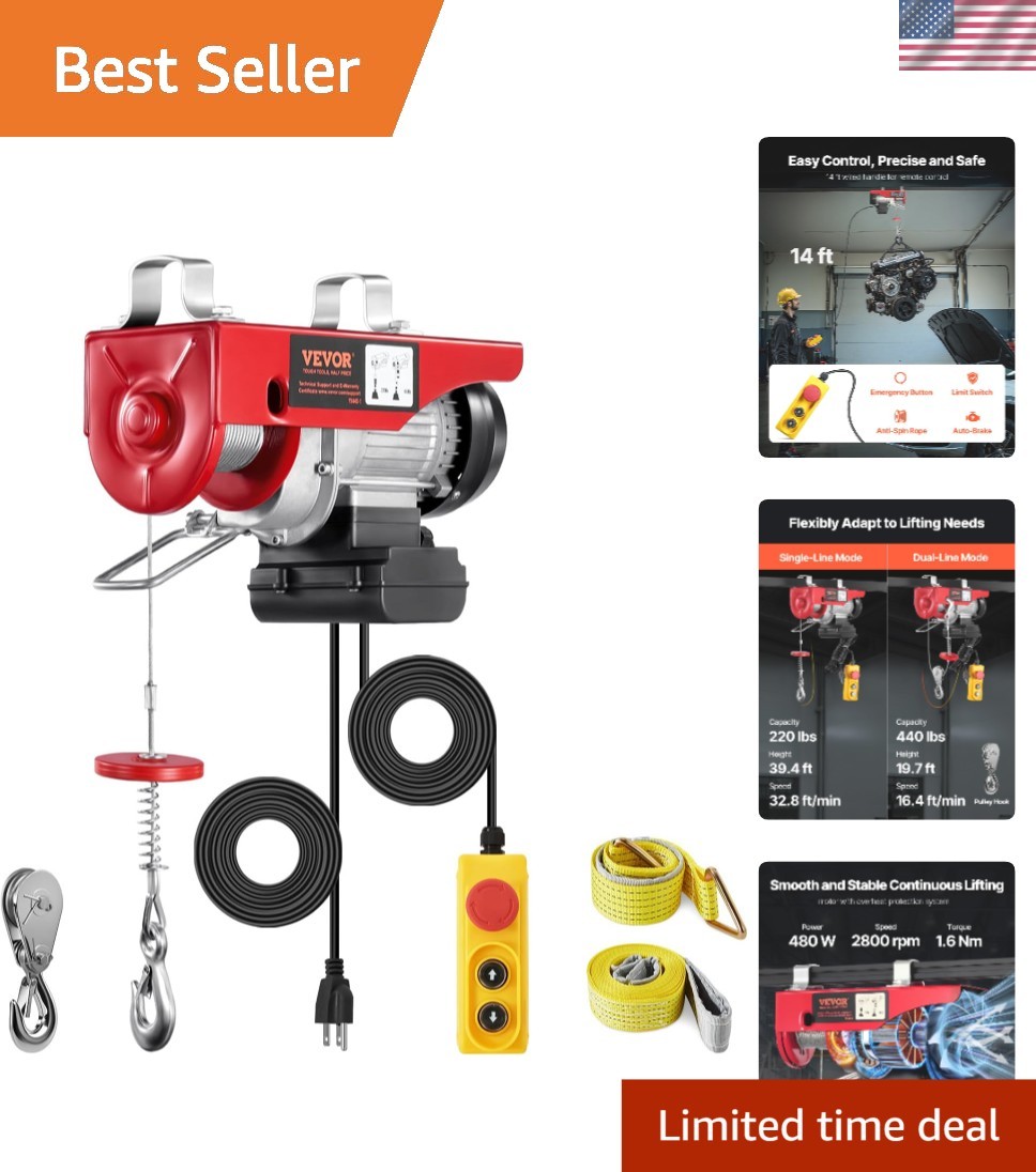Effortless 440 lbs Electric Hoist with 14ft Remote Control for Safe Lifting