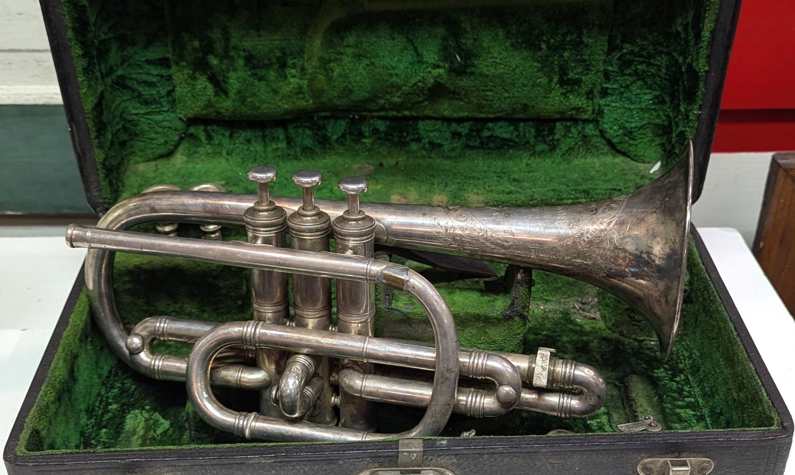 Antique Cornet Trumpet Silverplate Engraved Boston Musical Instrument Co in Case
