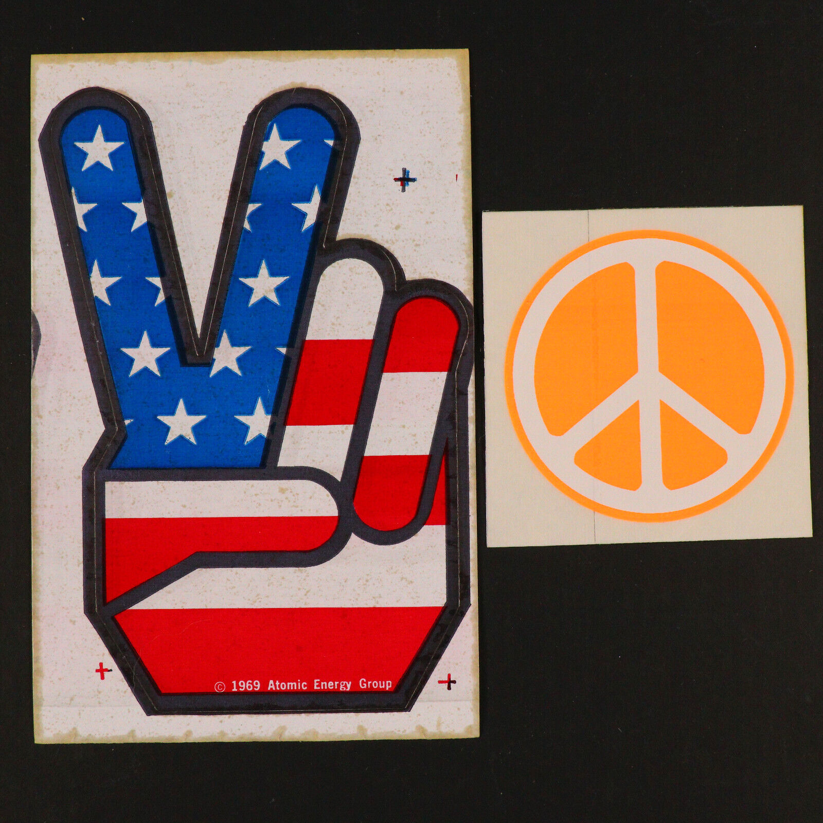 1969 American Flag Peace Symbol and Hand Vintage Sticker Atomic Energy Group