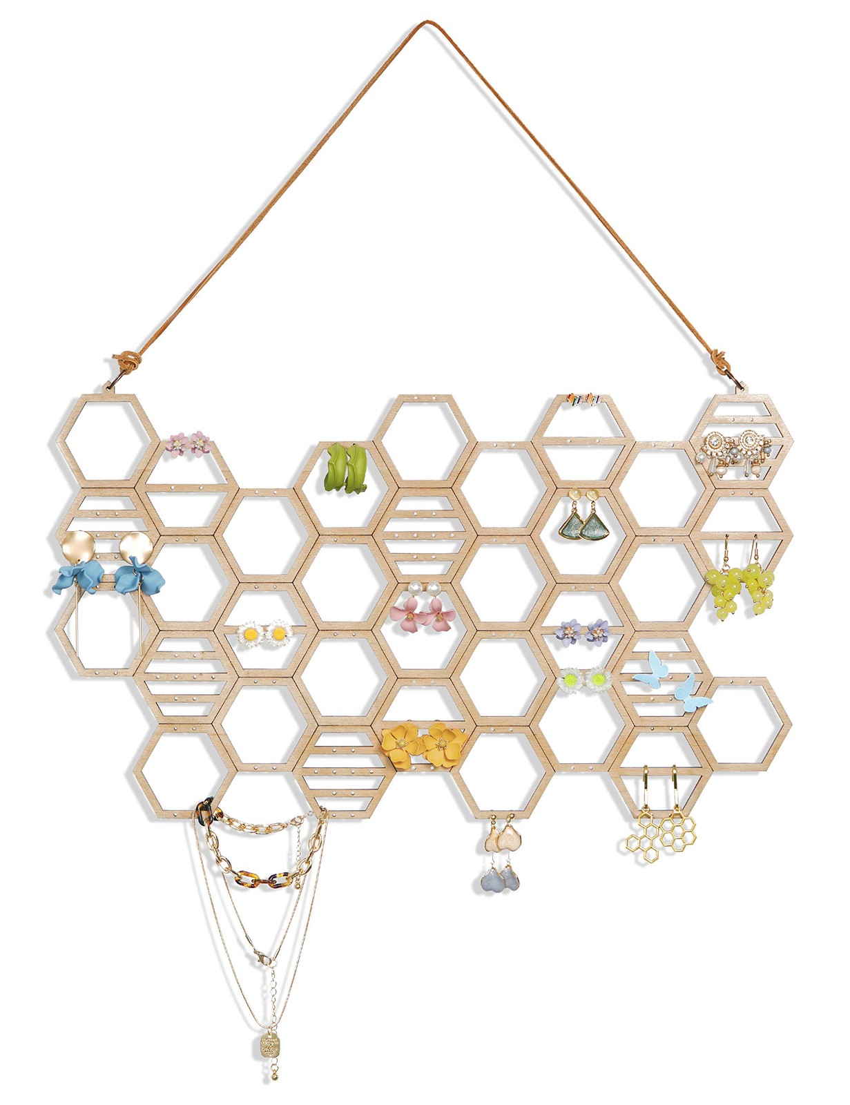 Hanging Earring Holder - Honeycomb Wall Mount Jewelry Organizer for Studs &