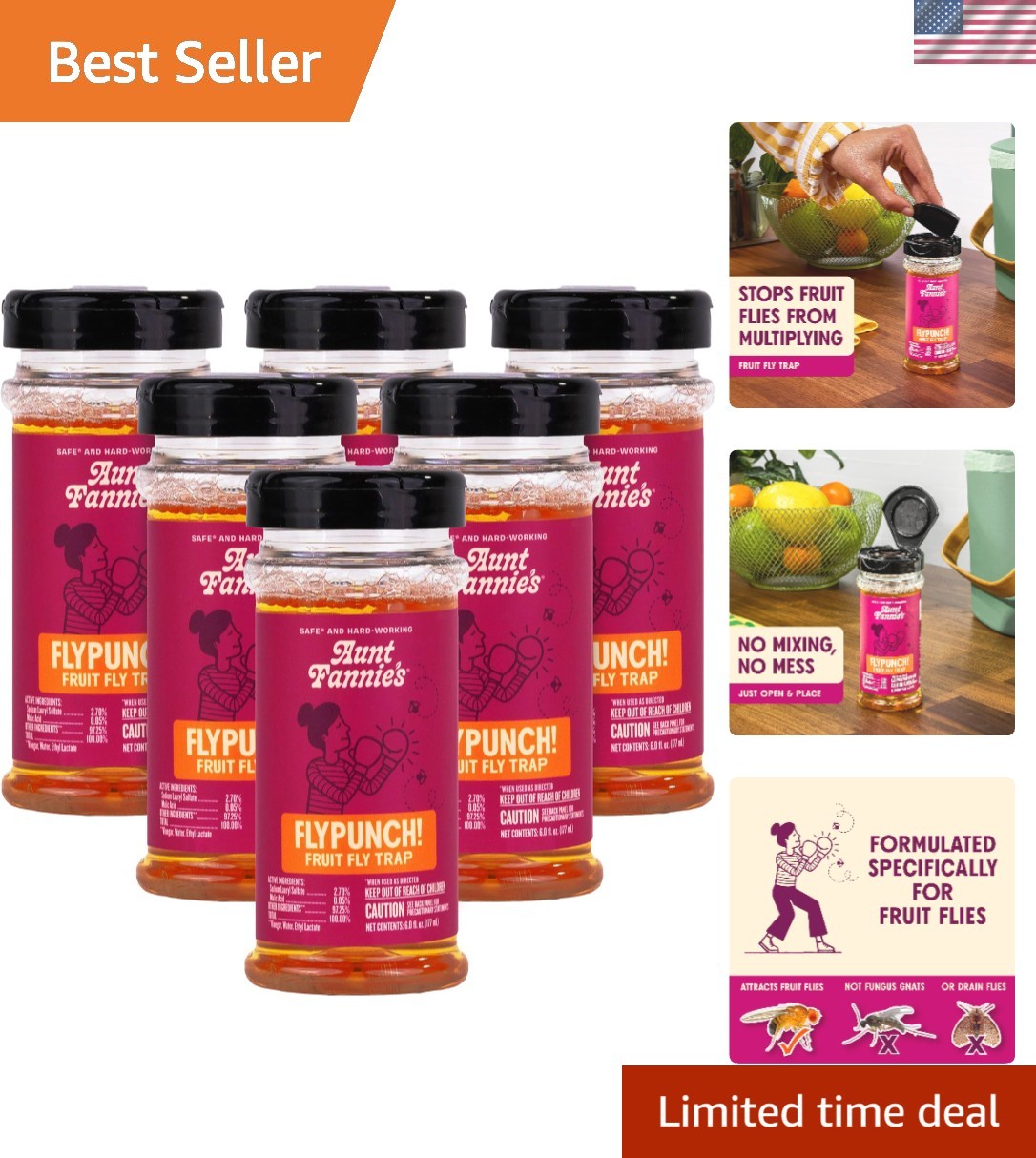 FlyPunch Fruit Fly Trap for Indoor and Kitchen Use, Ready to Use, Made with P...