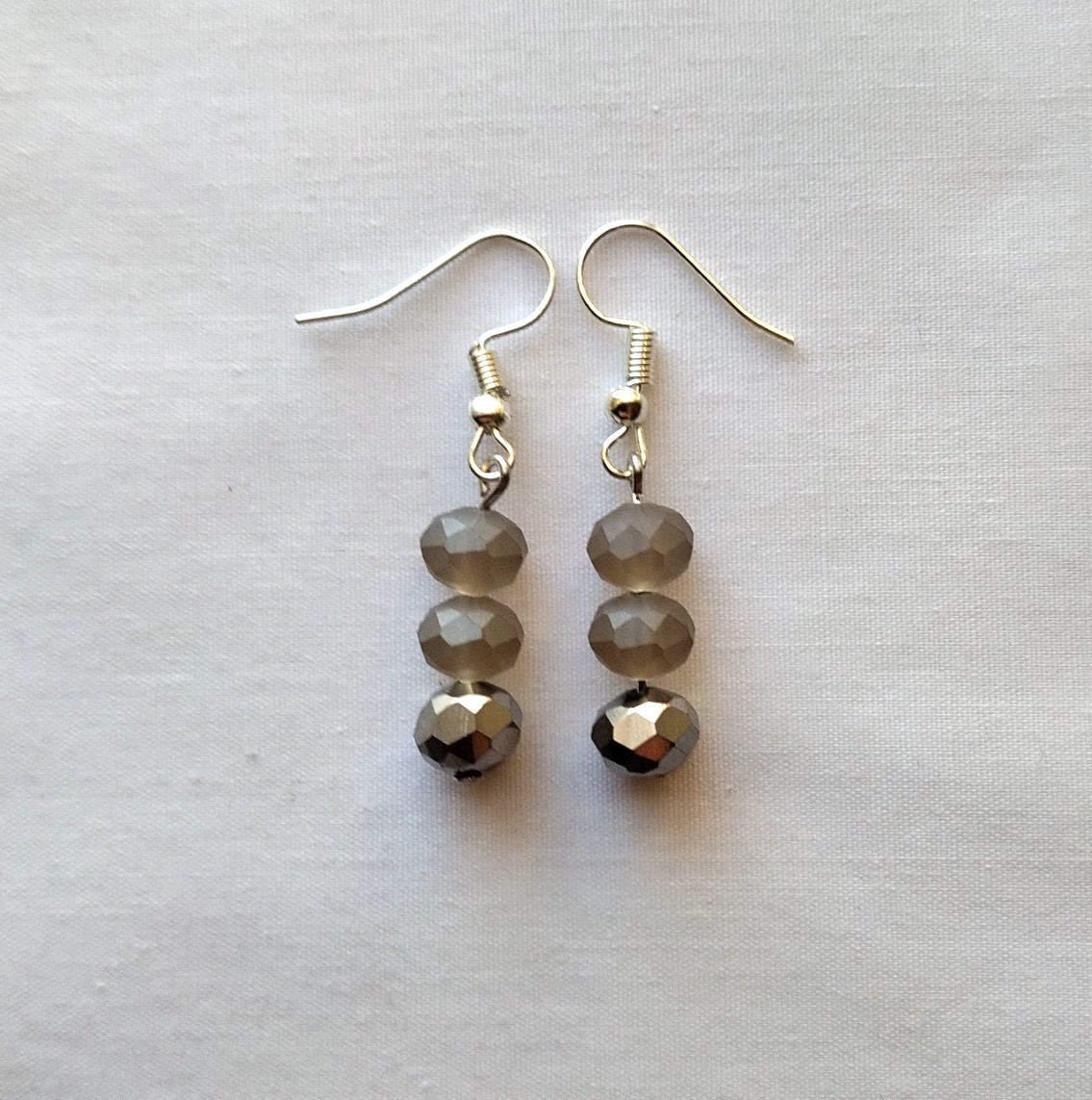Smoky Gray Earrings Faceted Glass Crystal Stacks Silver Tone Hook Handmade Boho