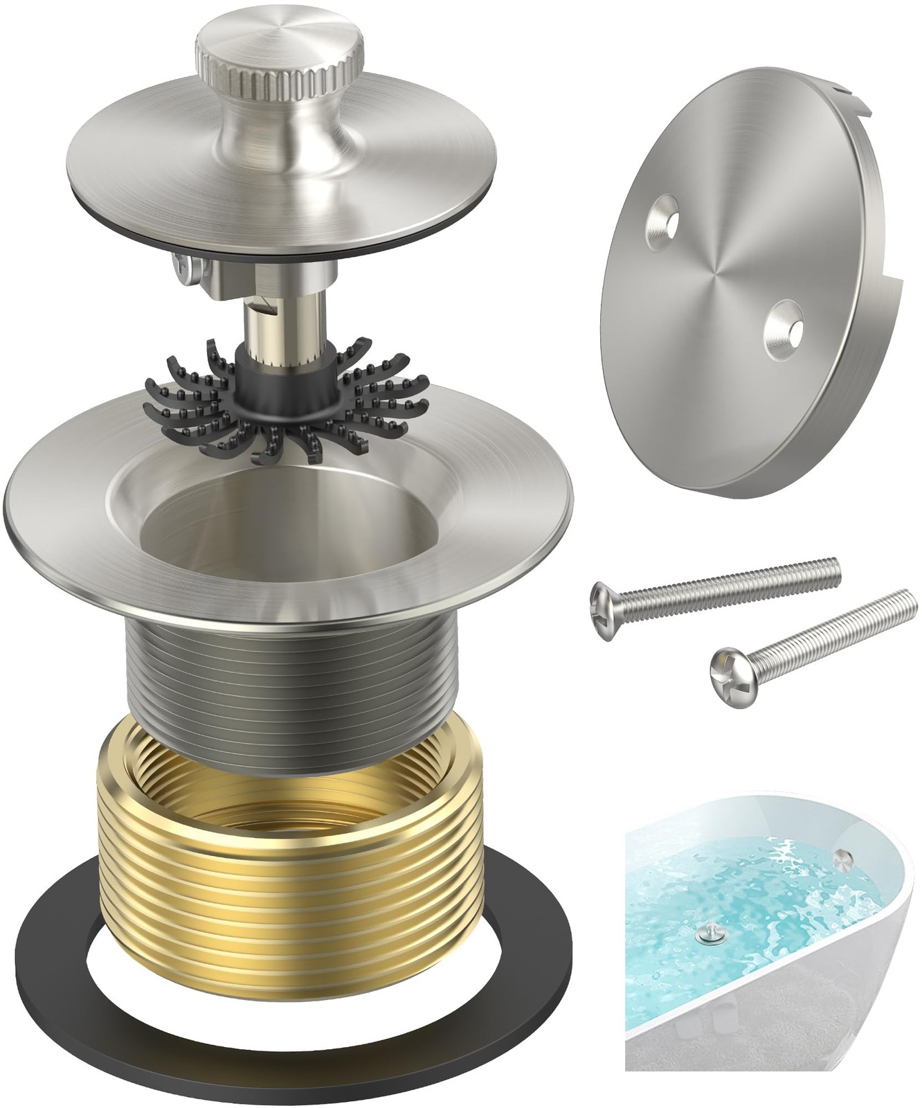 Sogmeter Brushed Nickel Bathtub Drain, Hair Catcher and 2-Hole 