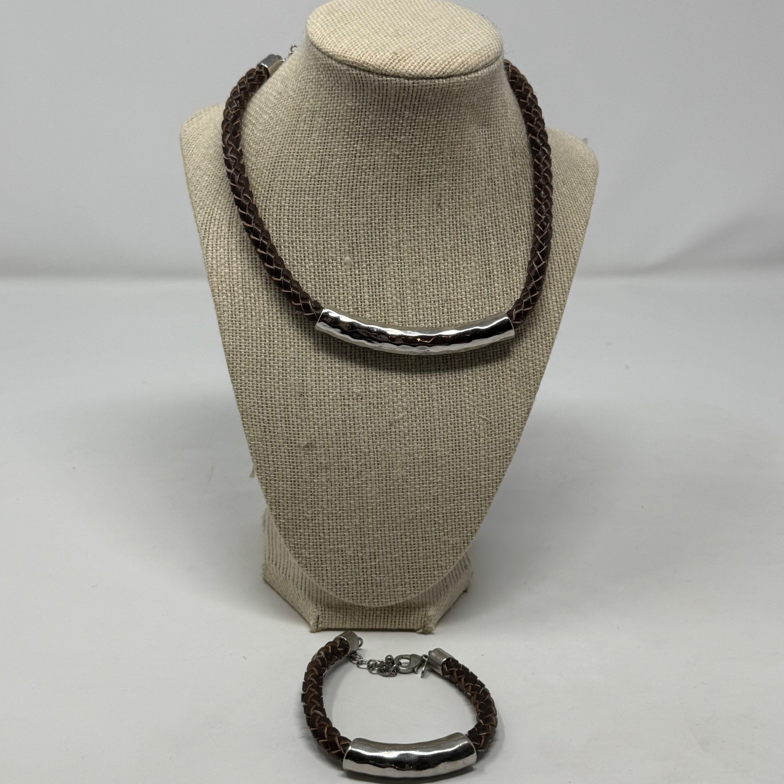Y2k Brown Braided Leather Hammered Silver Bar Necklace Bracelet Set