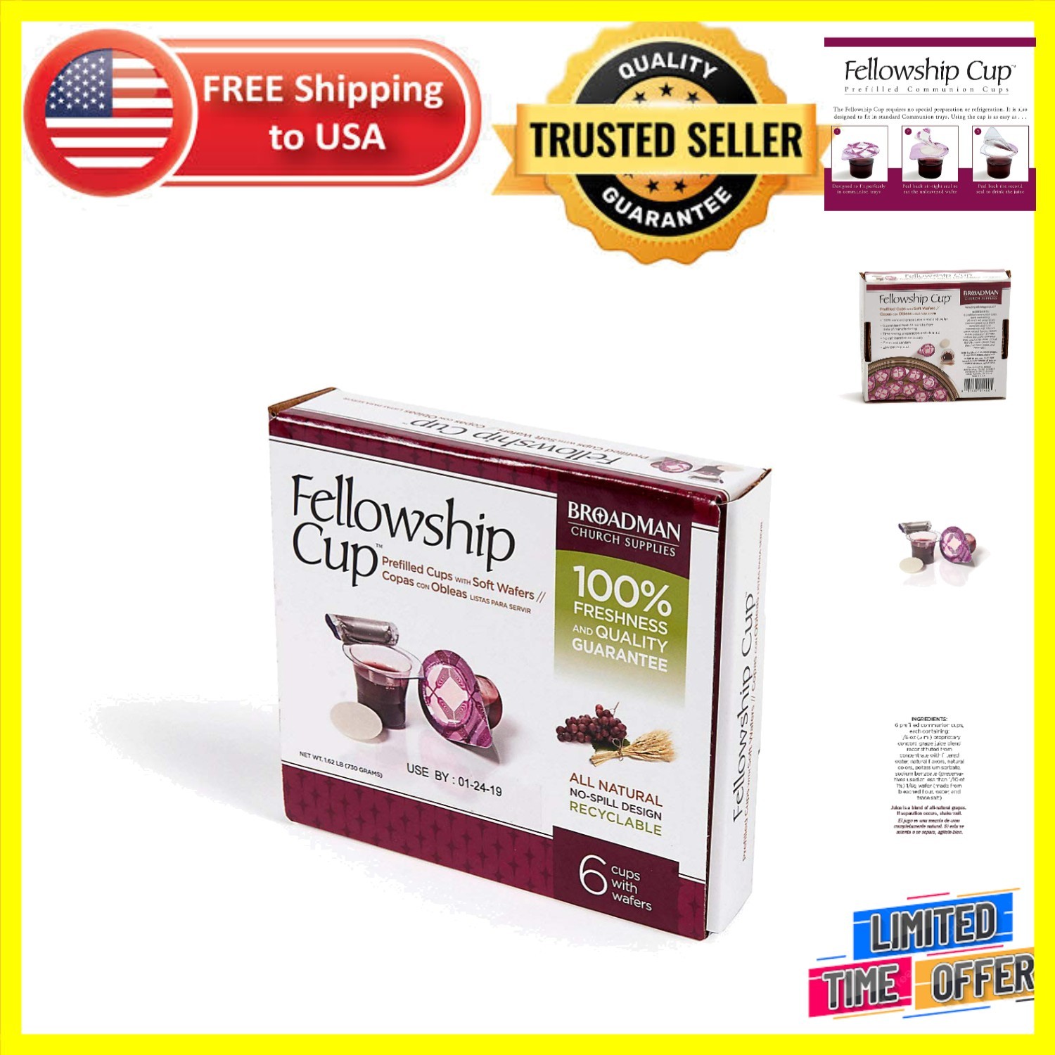 6 Count Pre-Filled Communion Fellowship Cups with Fresh Grape Juice & Wafers