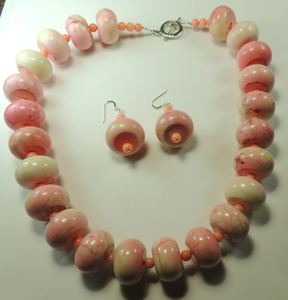 Statement Coral Colored Howlite & Coral Bold Necklace & Earrings Set Sterling