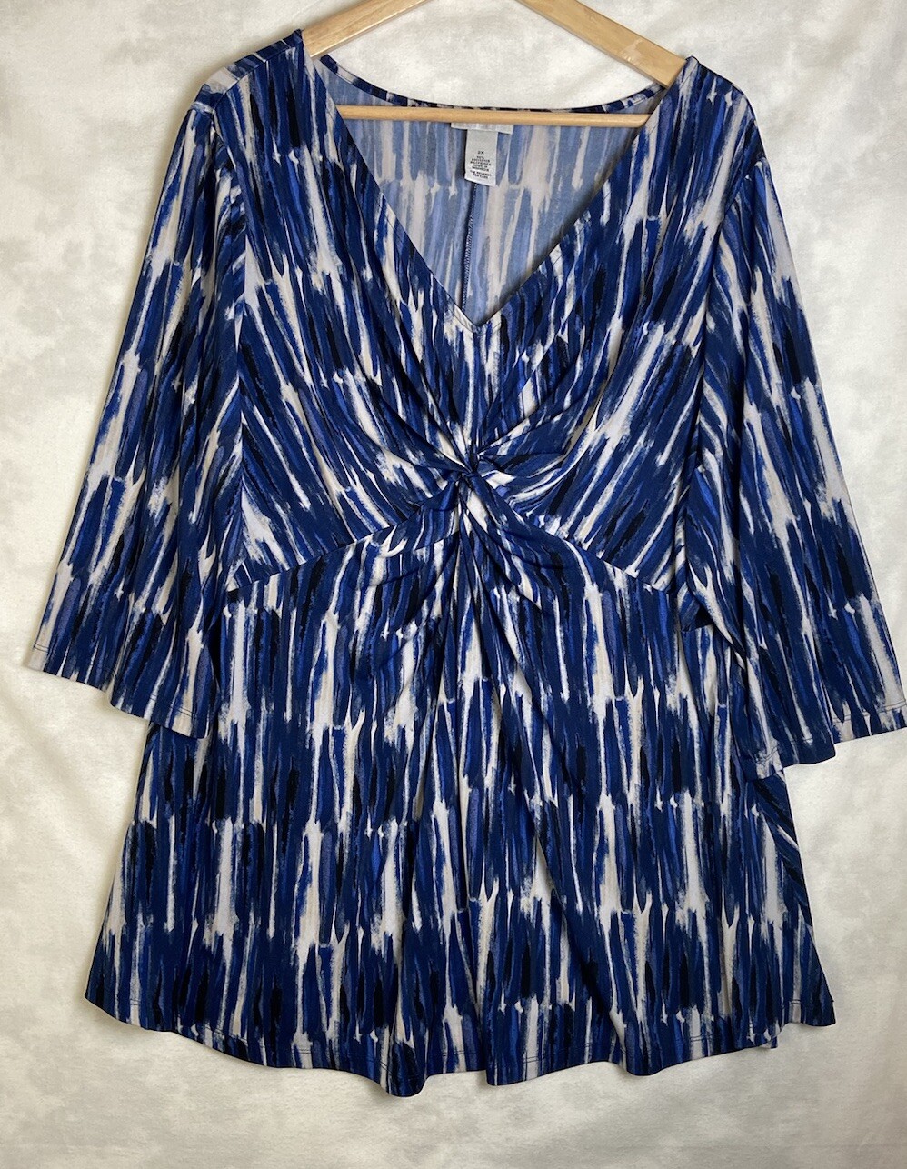 Catherines Front Tie Tunic Top Womens Plus Size 2X Blue 3/4 Sleeve BOHO Stretch