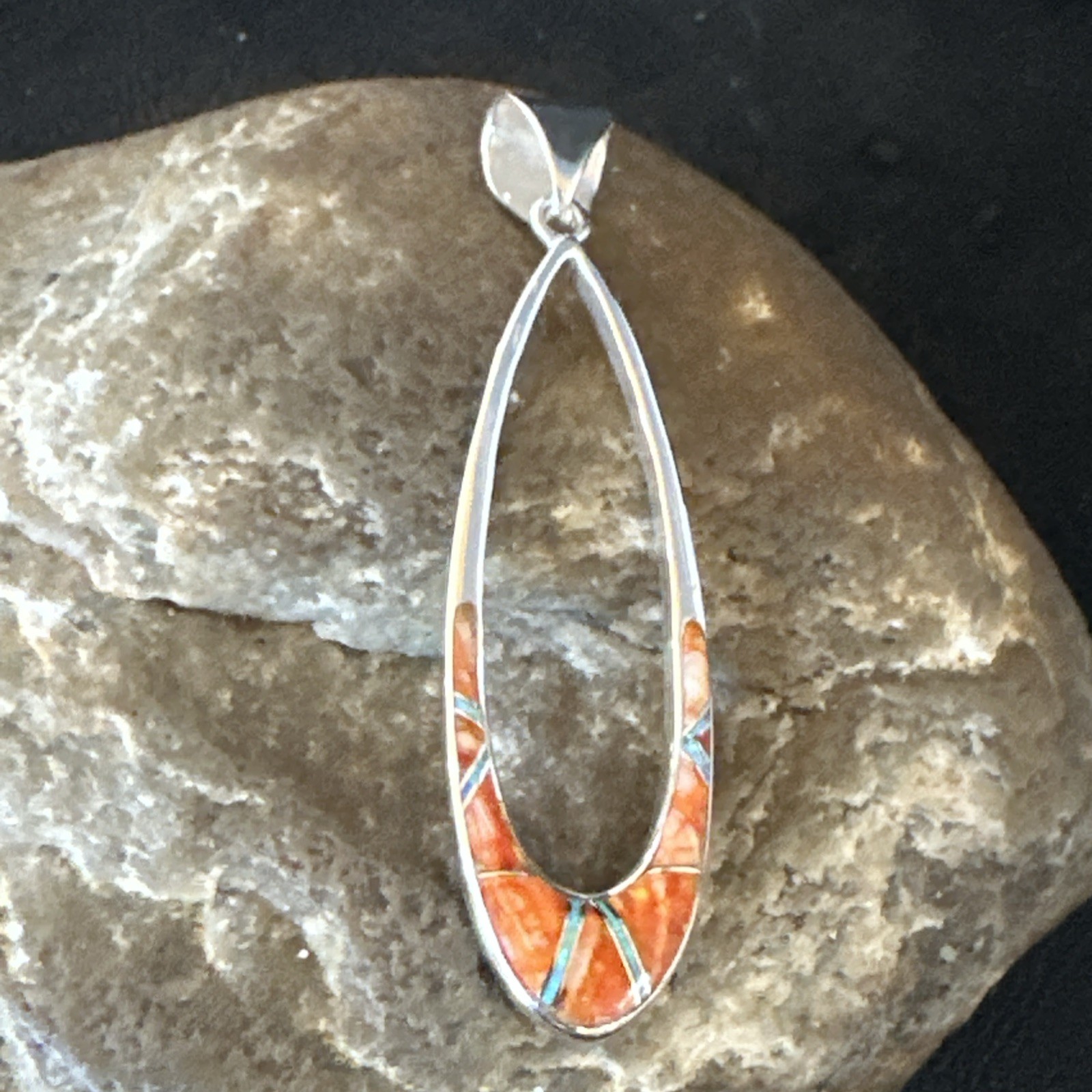 Women Opal Spiny Oyster Inlay Southwestern Sterling Silver Pendant 19237